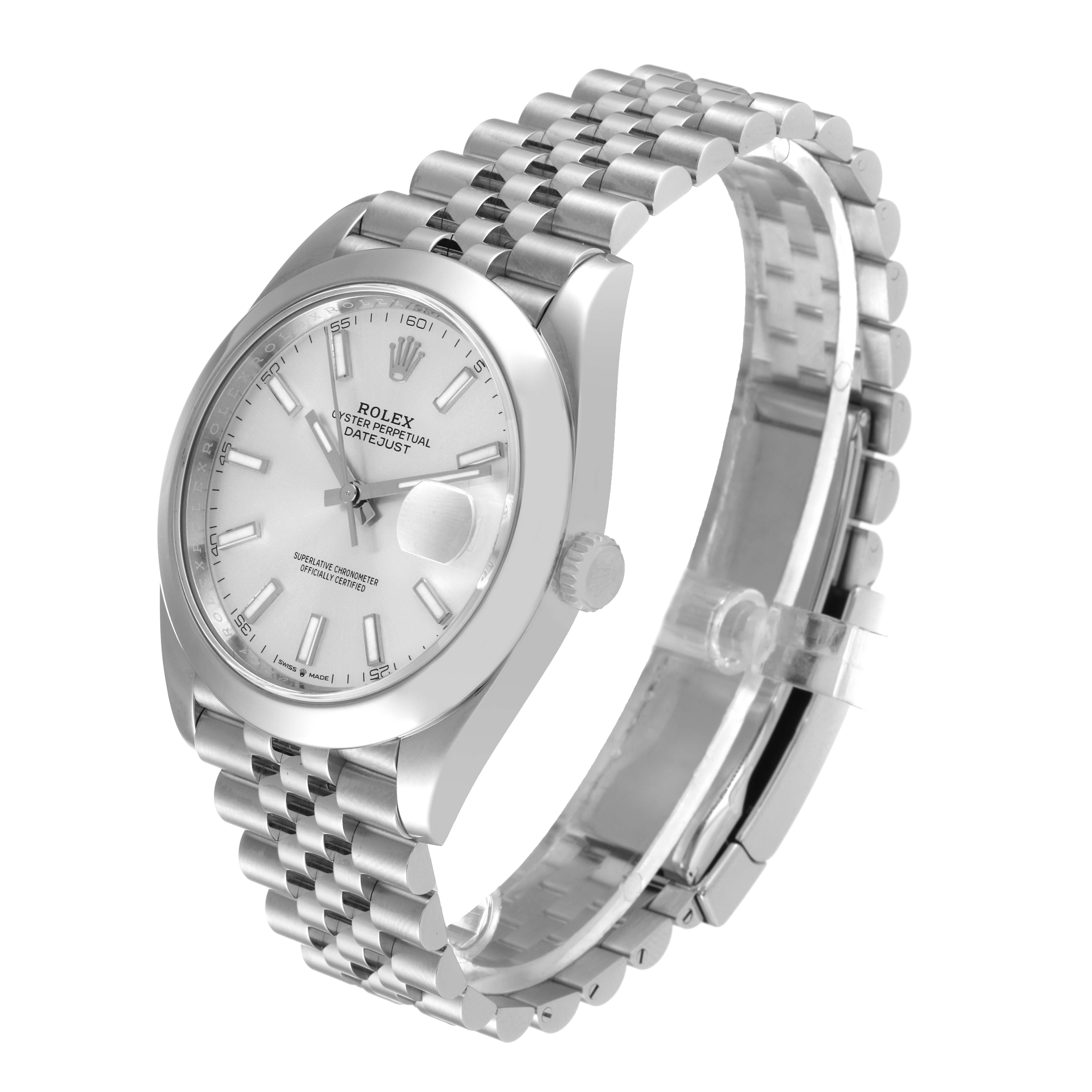 The Rolex Datejust 41 126300 Men's Stainless Steel Silver Dial 126300 Men's Stainless Steel Silver Dial is shown at an angle displaying the face, dial, case, crown, and part of the jubilee bracelet.