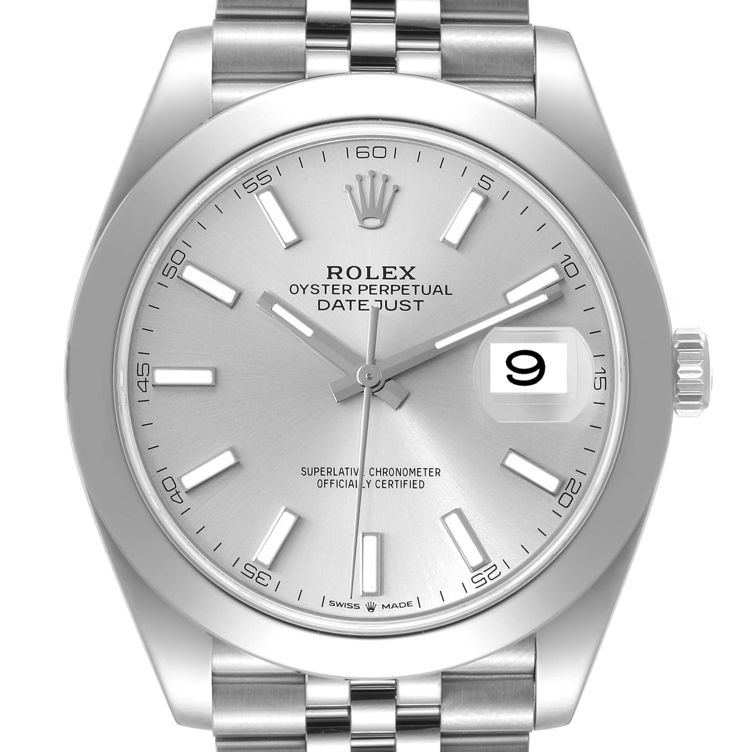 The image shows a front view of the Rolex Datejust 41 126300 Men's Stainless Steel Silver Dial 126300 Men's Stainless Steel Silver Dial model, highlighting the dial, hands, markers, date window, and crown.