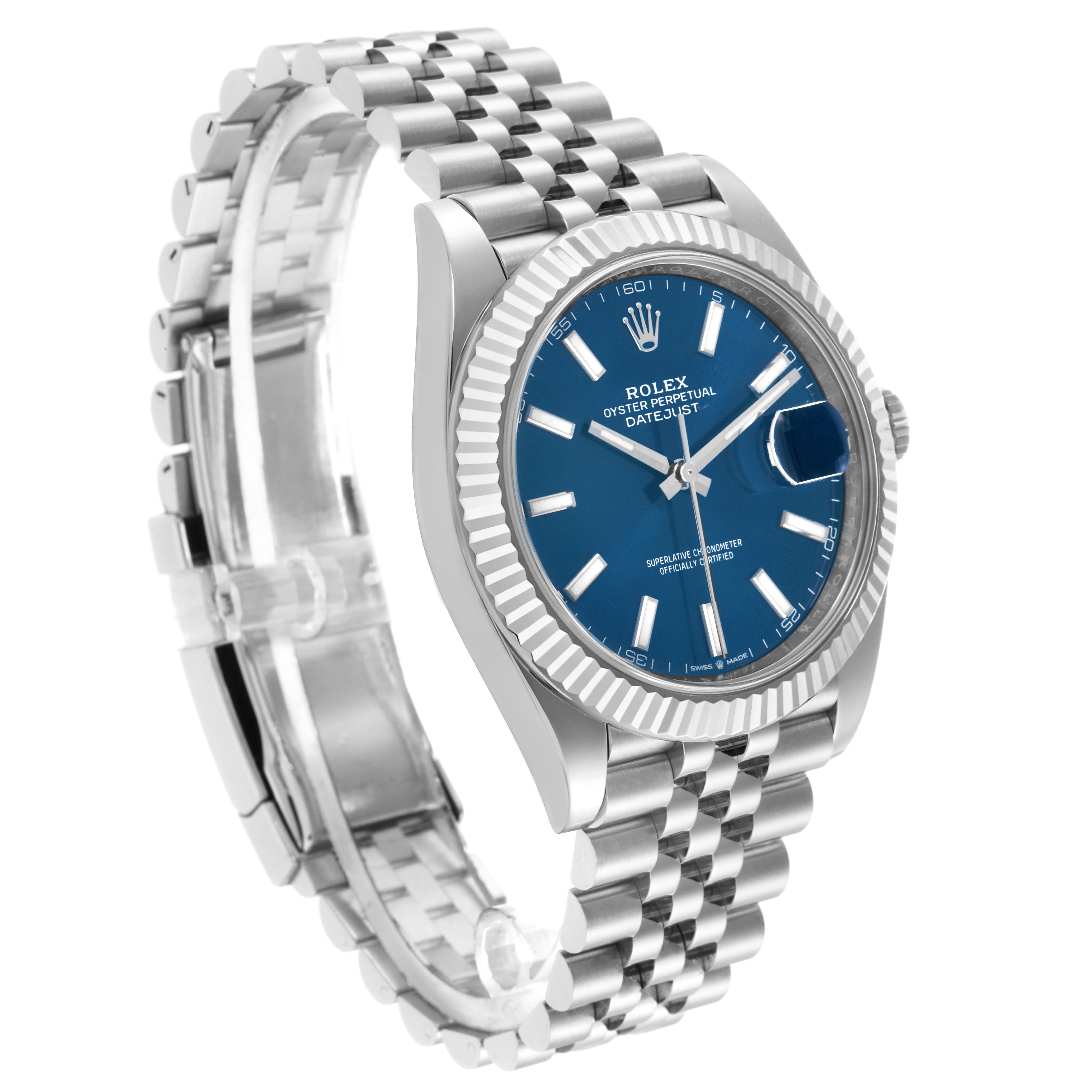The image shows a Rolex Datejust 41 126334 Men's Stainless Steel Blue Dial 126334 Men's Stainless Steel Blue Dial from a front angle, displaying its blue dial, fluted bezel, and Jubilee bracelet.
