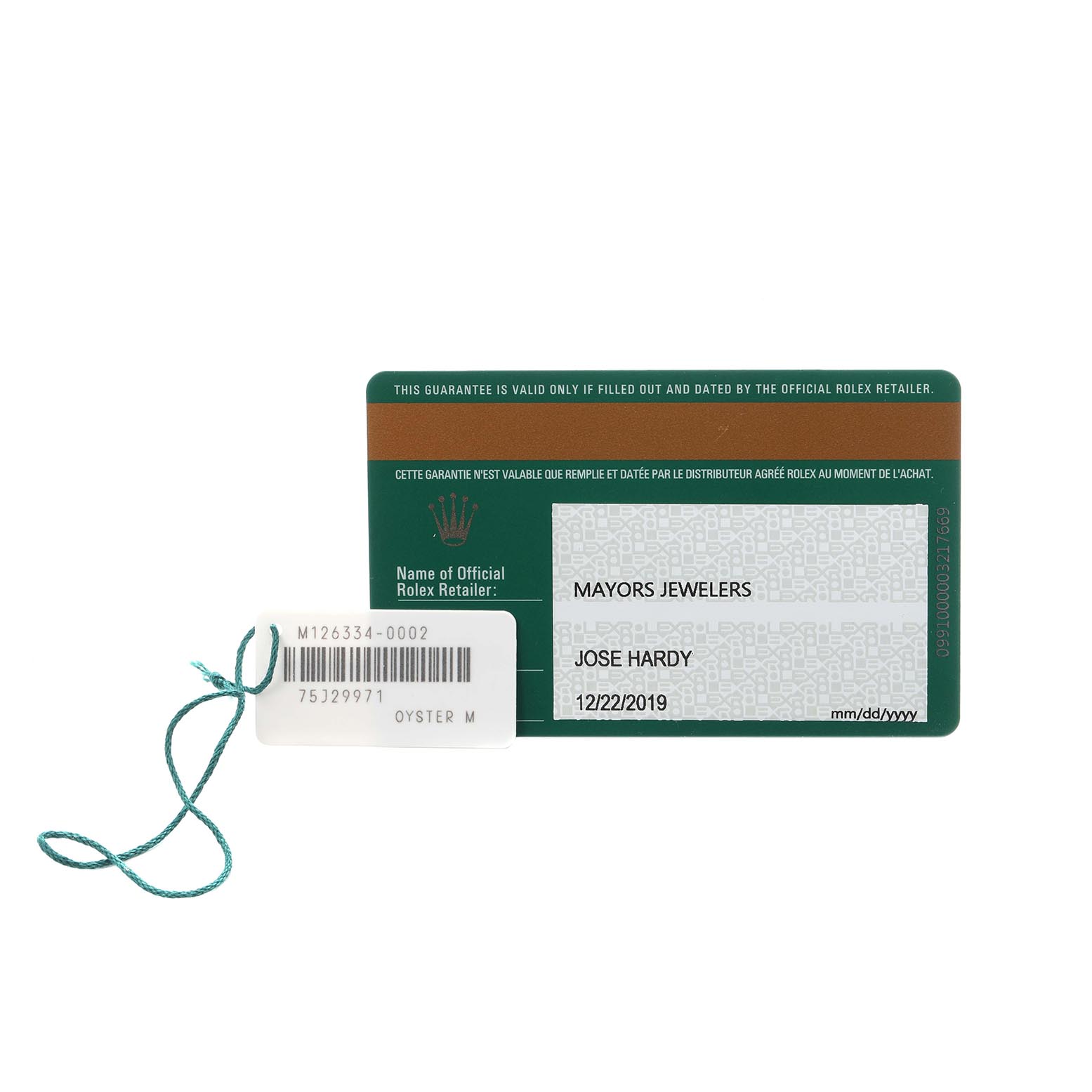 The image shows a Rolex guarantee card and a tag for the Datejust 41 model.