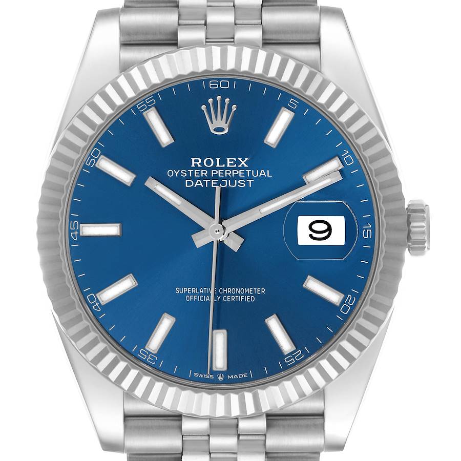 The Rolex Datejust 41 is shown from the front, highlighting the blue dial, bezel, bracelet, and date display.