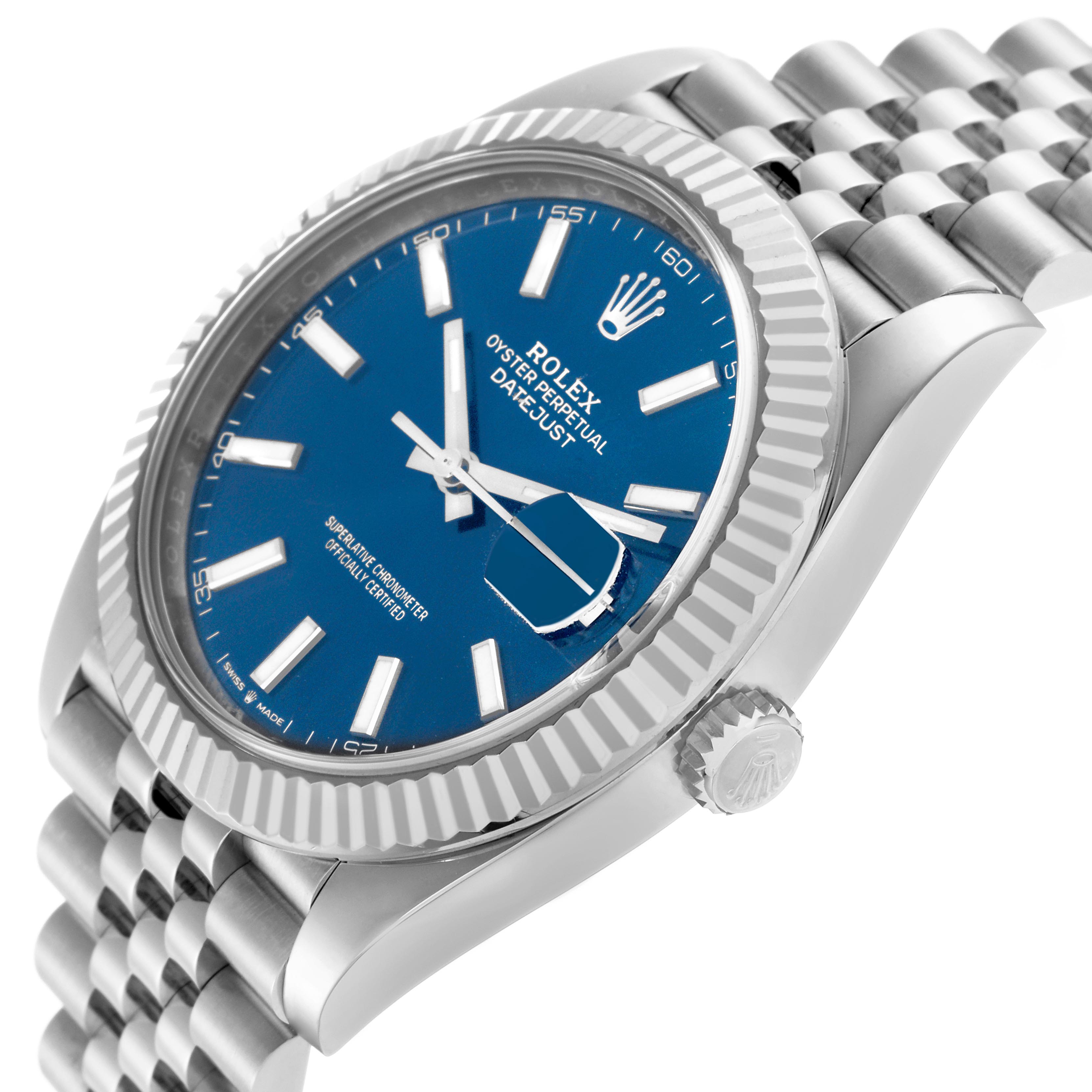 The Rolex Datejust 41 126334 Men's Stainless Steel Blue Dial 126334 Men's Stainless Steel Blue Dial is shown at a slight angle, displaying the bezel, blue dial, crown, and part of the bracelet.