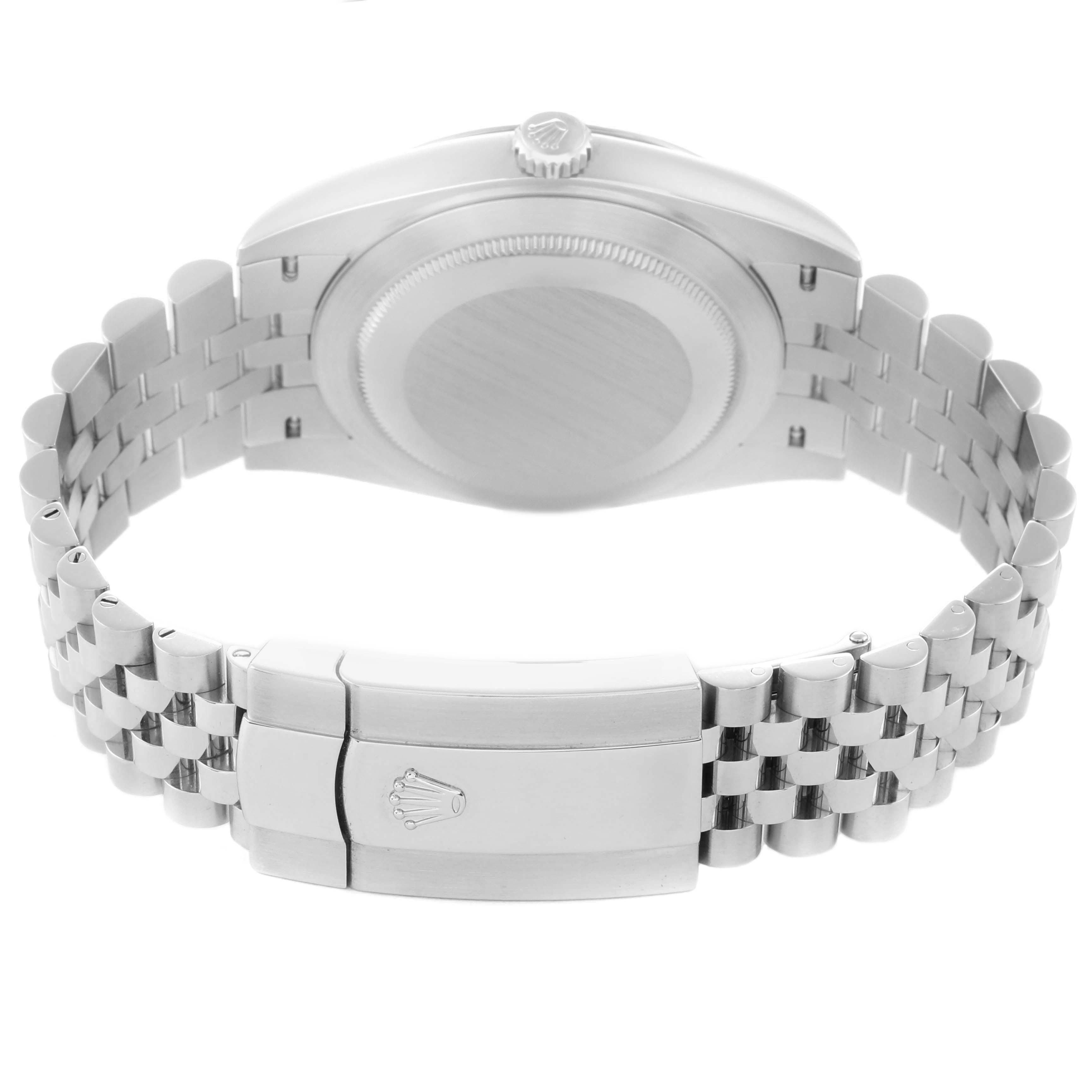 The image shows the back of the Rolex Datejust 41 126334 Men's Stainless Steel Blue Dial 126334 Men's Stainless Steel Blue Dial, highlighting the case back and Jubilee bracelet with the clasp.