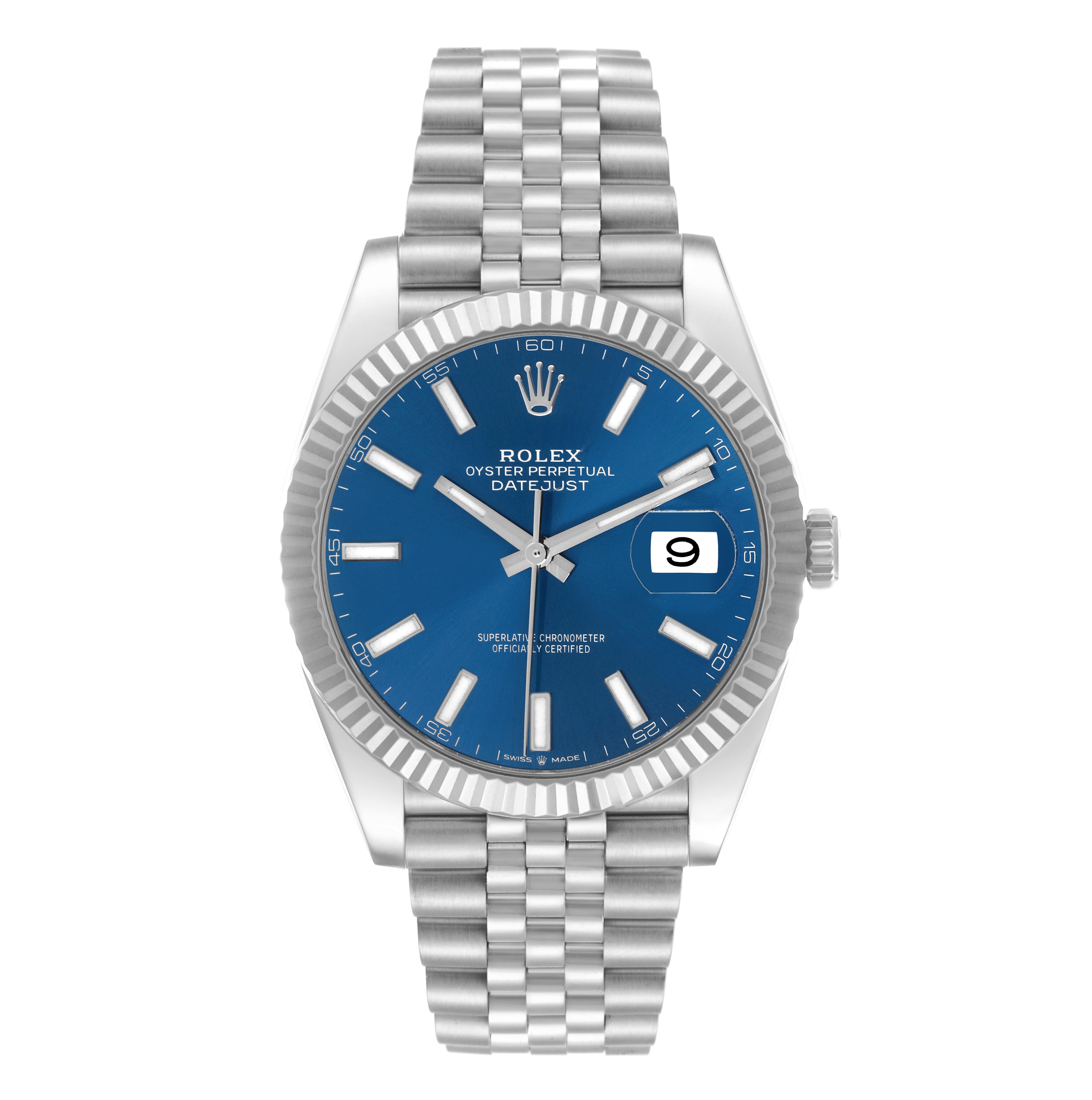 The Rolex Datejust 41 126334 Men's Stainless Steel Blue Dial 126334 Men's Stainless Steel Blue Dial is shown from the front, highlighting its blue dial, markers, date window, bezel, and Jubilee bracelet.