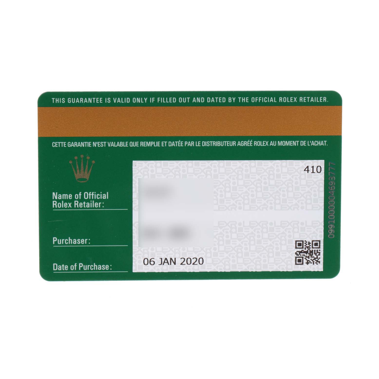 The image shows the guarantee card for the Rolex Datejust 41 126334 Men
s Stainless Steel White Dial 126334 Men
s Stainless Steel White Dial model.