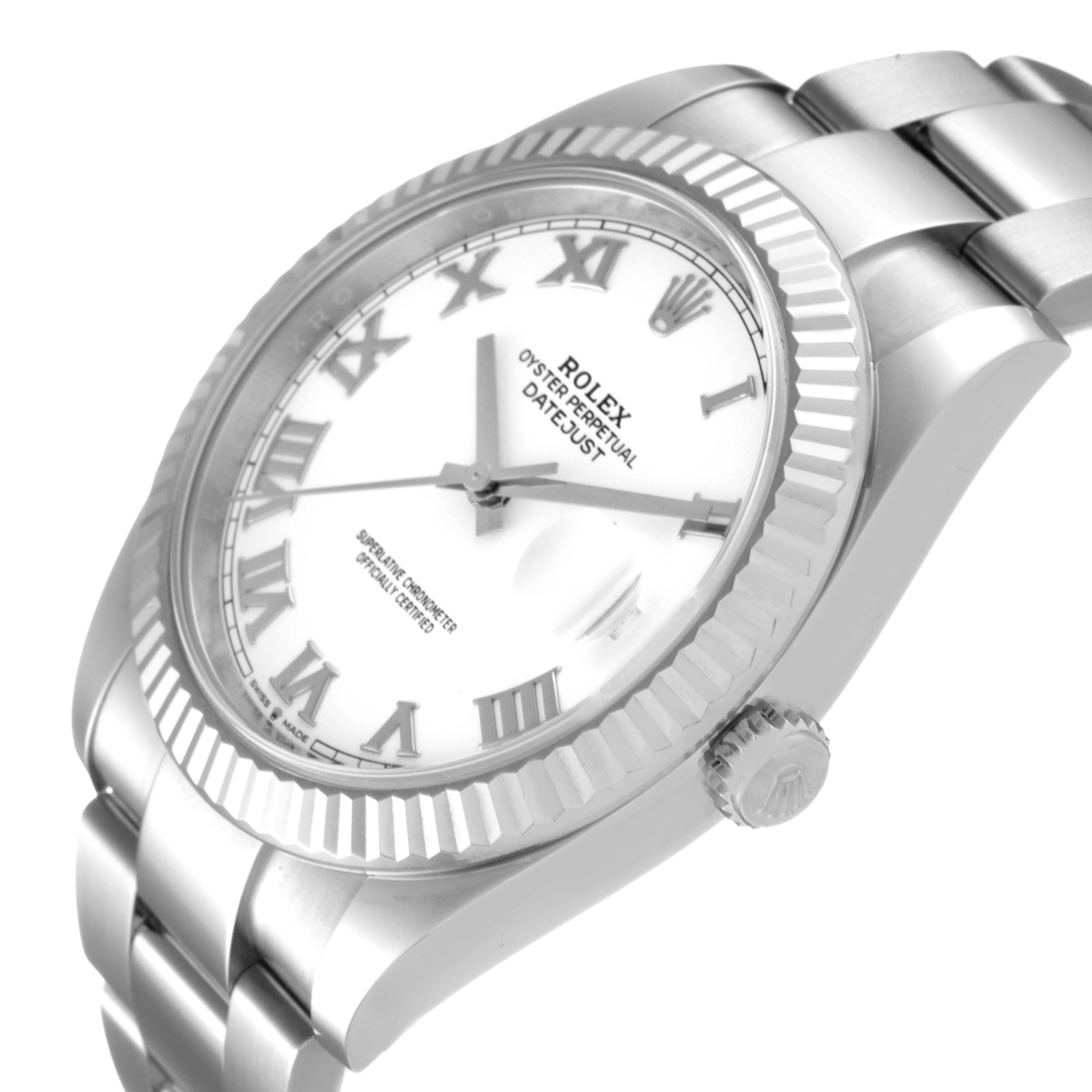 The image shows a Rolex Datejust 41 126334 Men
s Stainless Steel White Dial 126334 Men
s Stainless Steel White Dial watch angled to display the face, bezel, crown, and part of the bracelet.