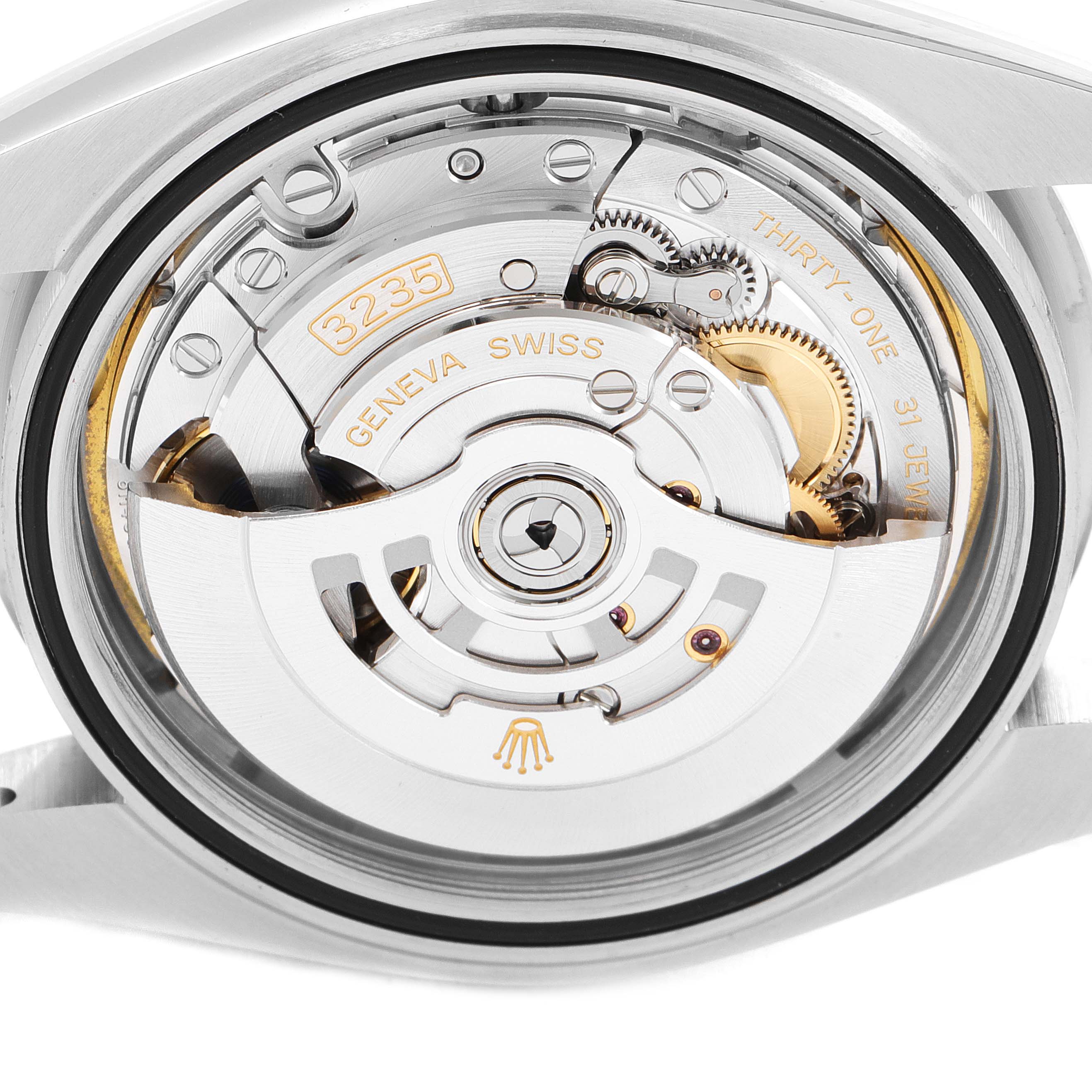 This image shows the movement mechanism and rotor of the Rolex Datejust 41 126334 Men
s Stainless Steel White Dial 126334 Men
s Stainless Steel White Dial model watch from a back angle.