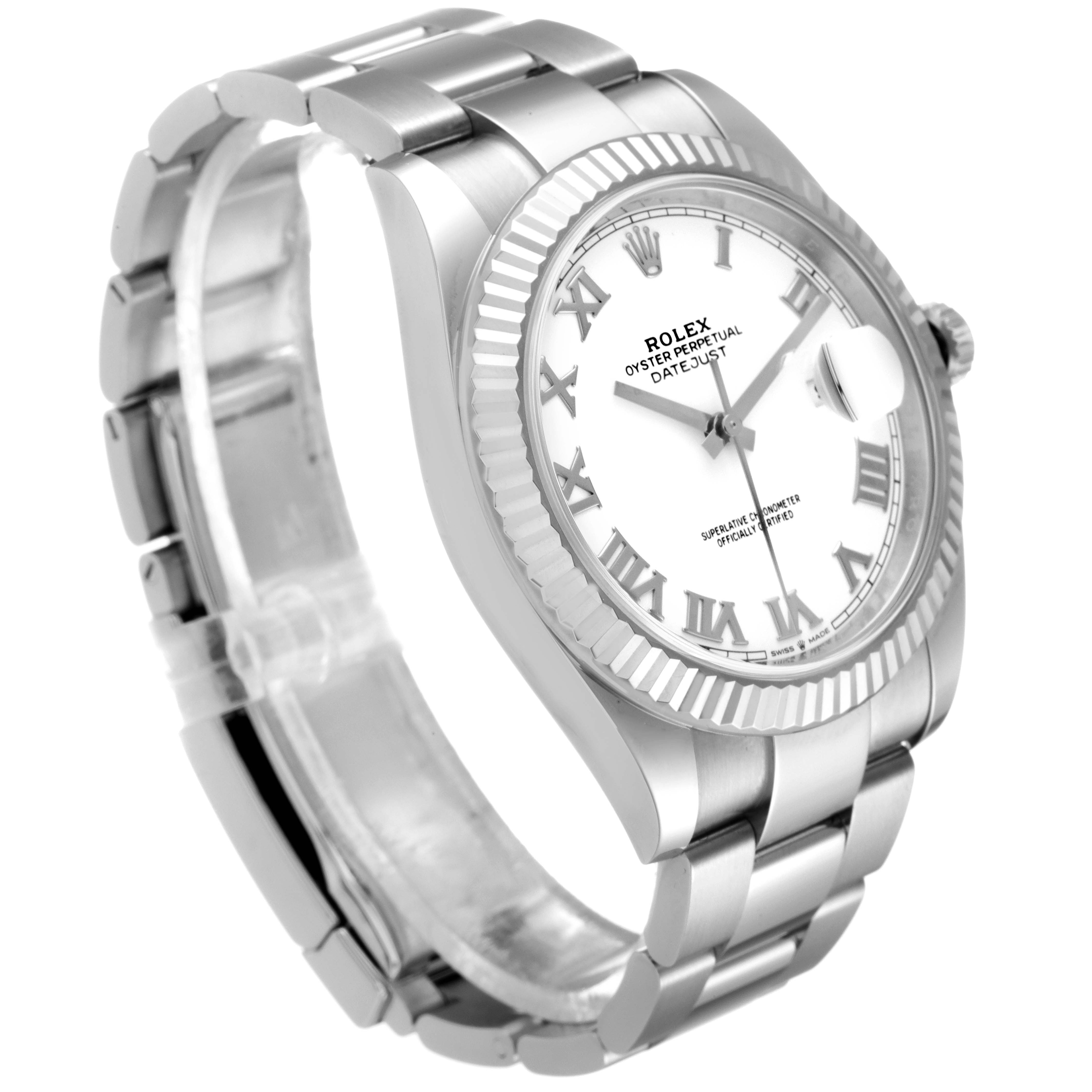 This image shows a side angle of a Rolex Datejust 41 126334 Men
s Stainless Steel White Dial 126334 Men
s Stainless Steel White Dial watch, displaying the face, bracelet, and part of the bezel.