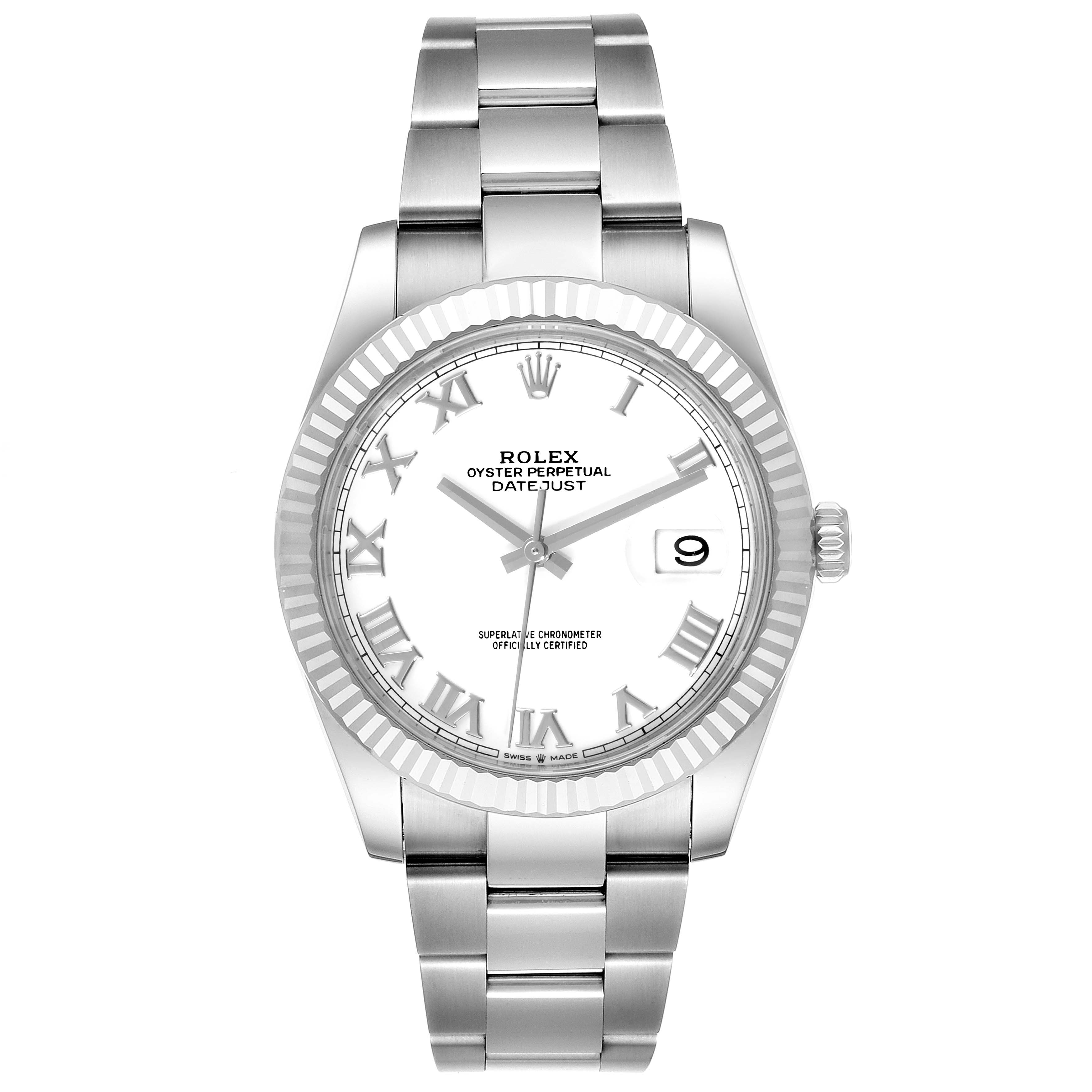 The image shows a Rolex Datejust 41 126334 Men
s Stainless Steel White Dial 126334 Men
s Stainless Steel White Dial watch from a frontal angle, displaying its dial, bracelet, and fluted bezel.