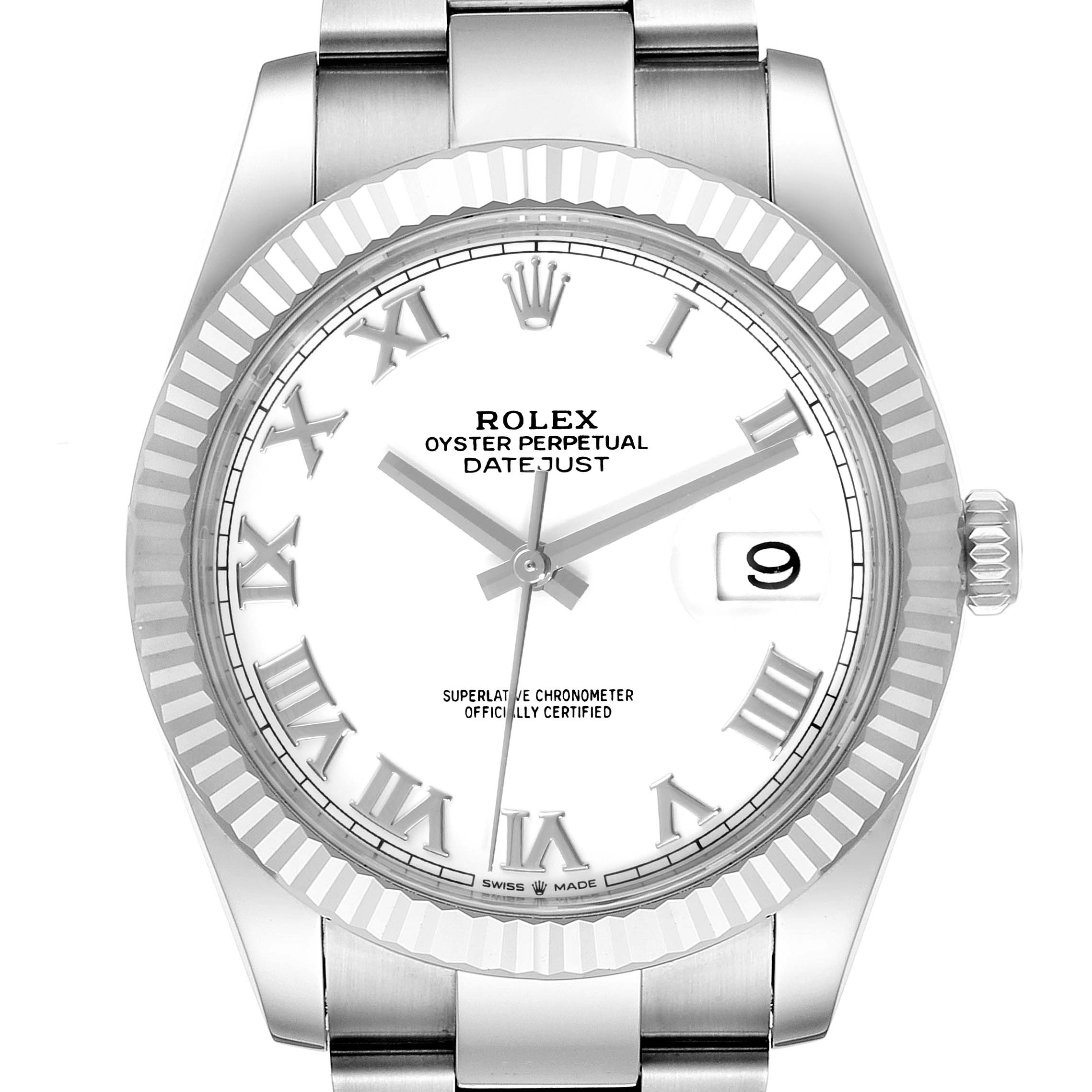 This image shows a front view of the Rolex Datejust 41 126334 Men
s Stainless Steel White Dial 126334 Men
s Stainless Steel White Dial watch, highlighting its face, bezel, lugs, and part of the bracelet.