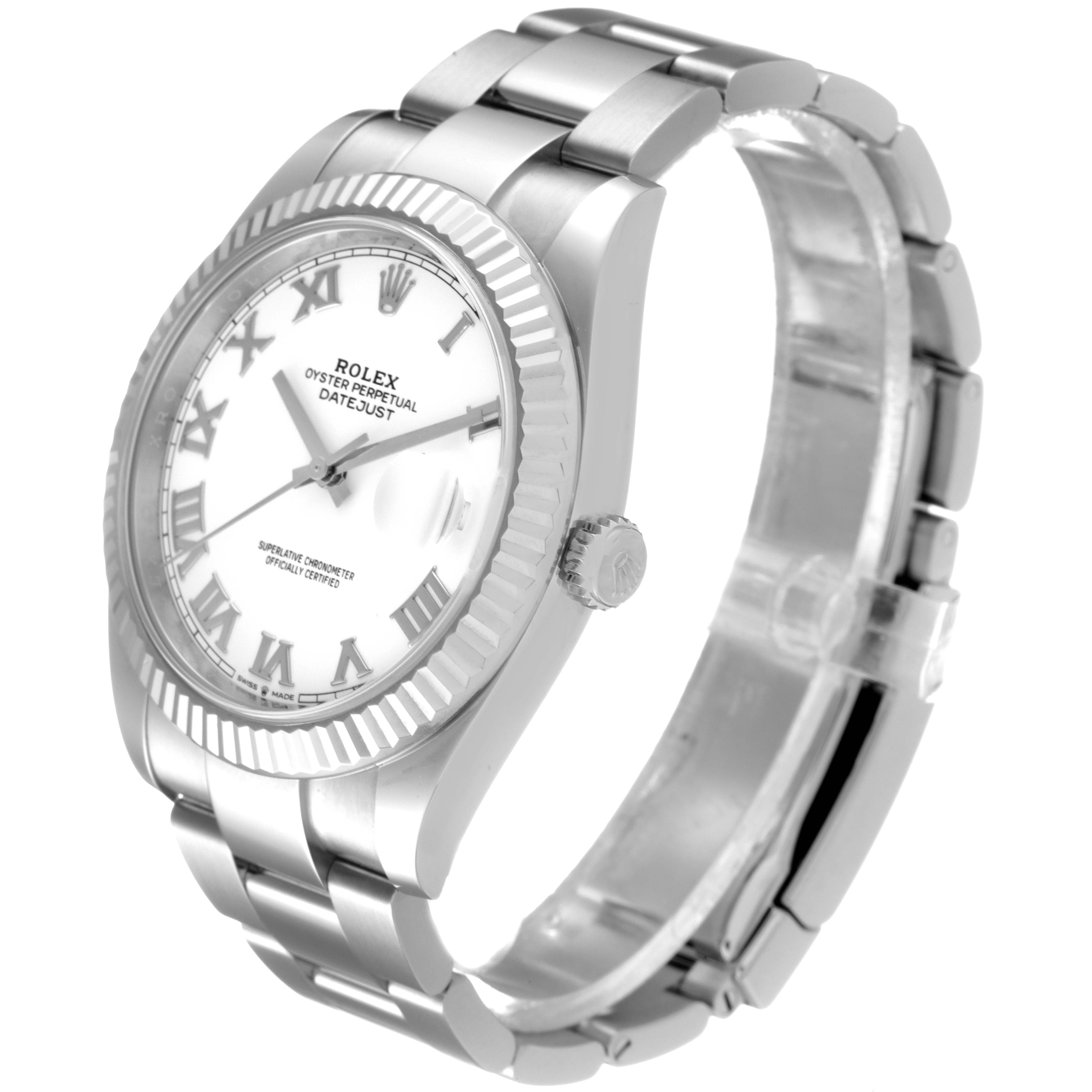 The image shows a side view of the Rolex Datejust 41 126334 Men
s Stainless Steel White Dial 126334 Men
s Stainless Steel White Dial, highlighting the case, bracelet, and dial.