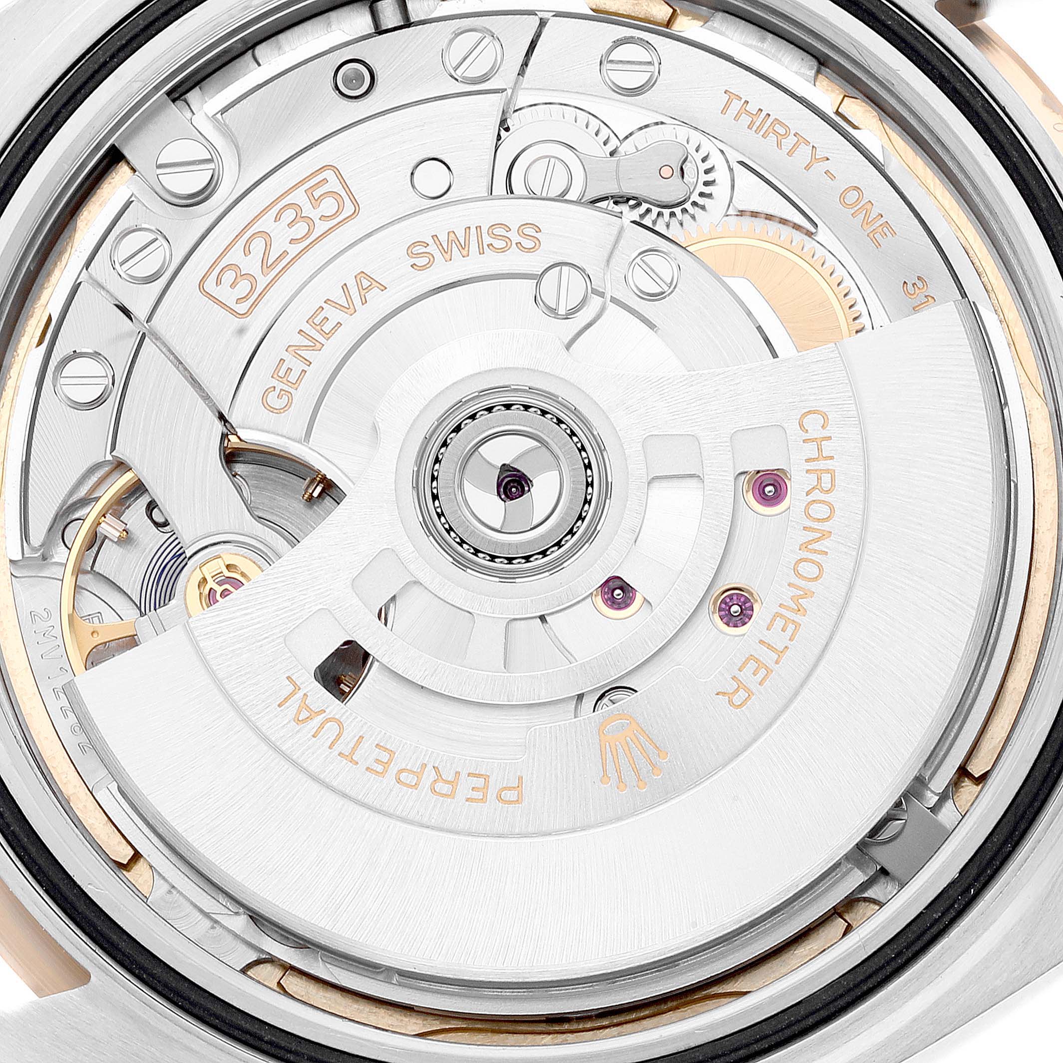 This image shows a close-up view of the Rolex Datejust 41 126333 Men's Steel and Gold (two tone) Champagne Dial 126333 Men's Steel and Gold (two tone) Champagne Dial watch's inner movement and mechanisms.