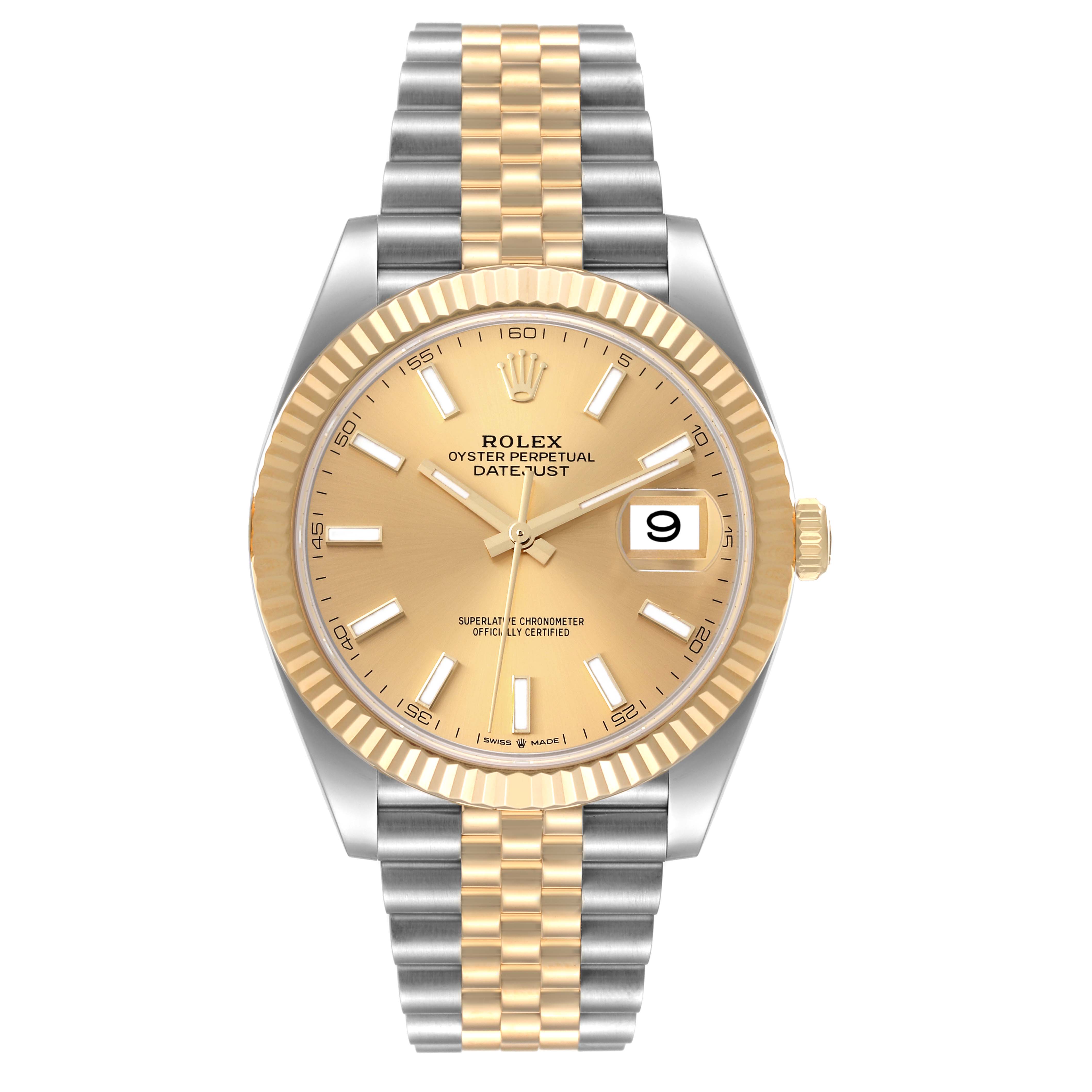 The image shows a frontal view of a Rolex Datejust 41 126333 Men's Steel and Gold (two tone) Champagne Dial 126333 Men's Steel and Gold (two tone) Champagne Dial watch with a gold dial, fluted bezel, and jubilee bracelet.