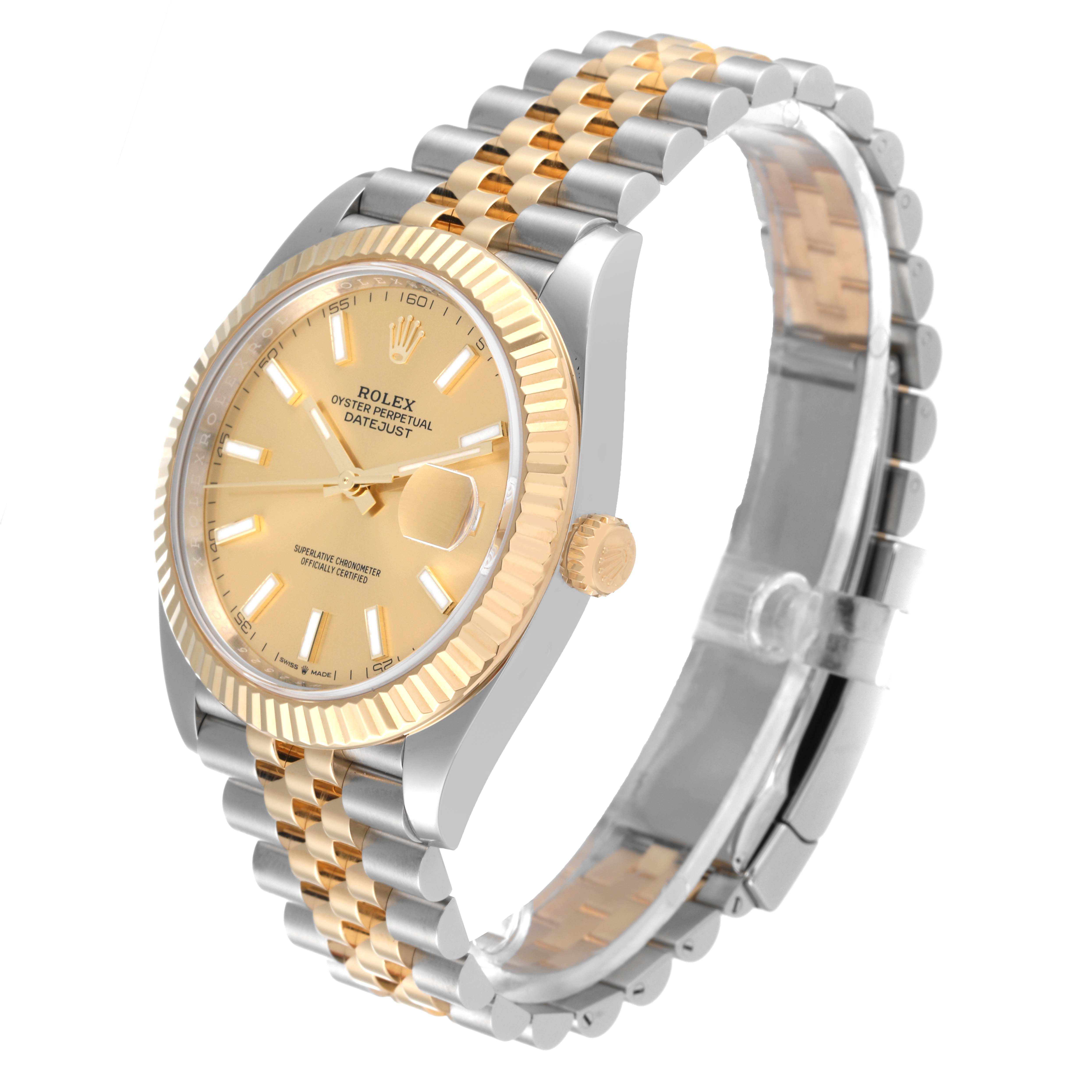 The Rolex Datejust 41 126333 Men's Steel and Gold (two tone) Champagne Dial 126333 Men's Steel and Gold (two tone) Champagne Dial watch is shown from a 3/4 angle, highlighting its face, two-tone bracelet, and fluted bezel.