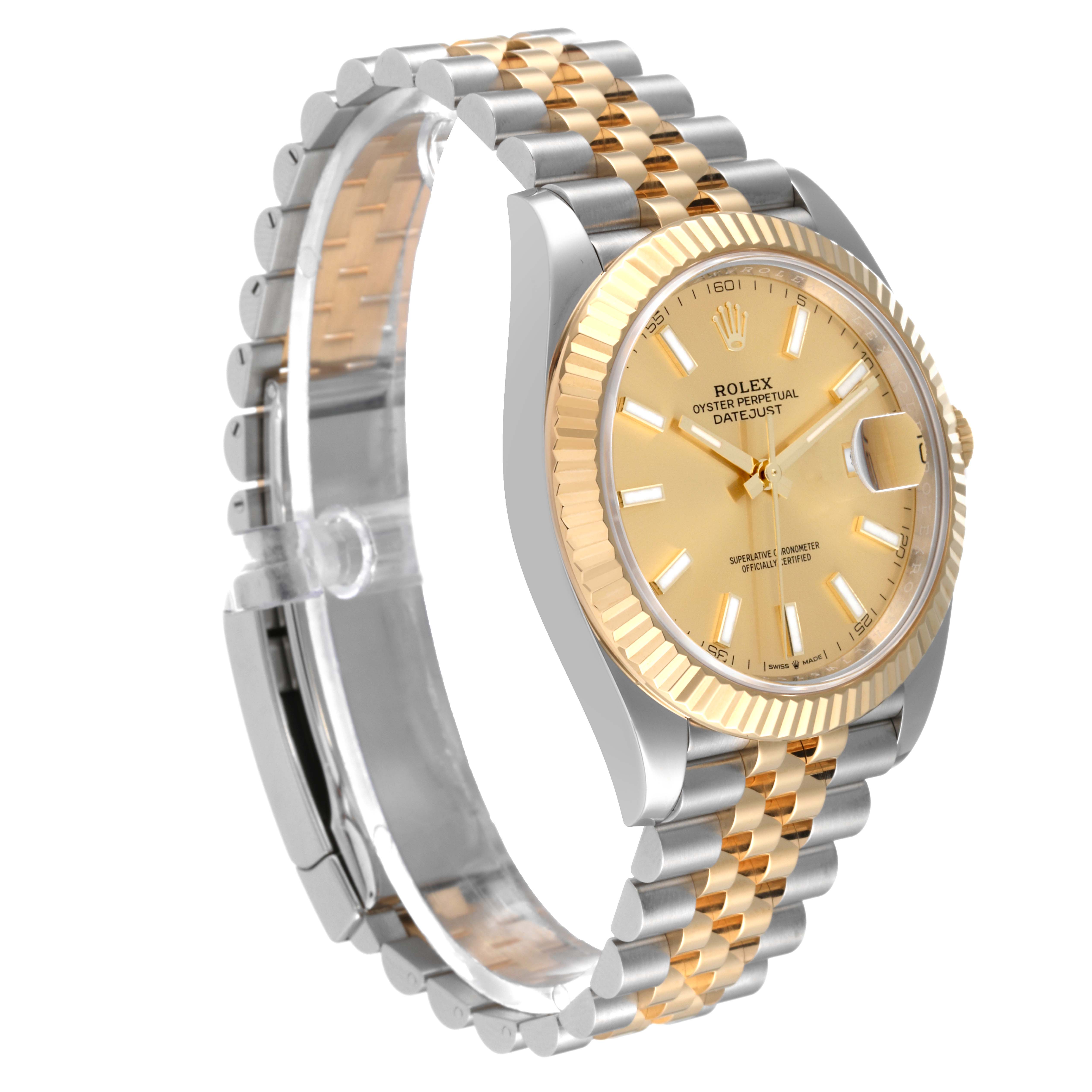 The image shows a side angle of the Rolex Datejust 41 126333 Men's Steel and Gold (two tone) Champagne Dial 126333 Men's Steel and Gold (two tone) Champagne Dial watch, featuring a two-tone bracelet and fluted bezel.