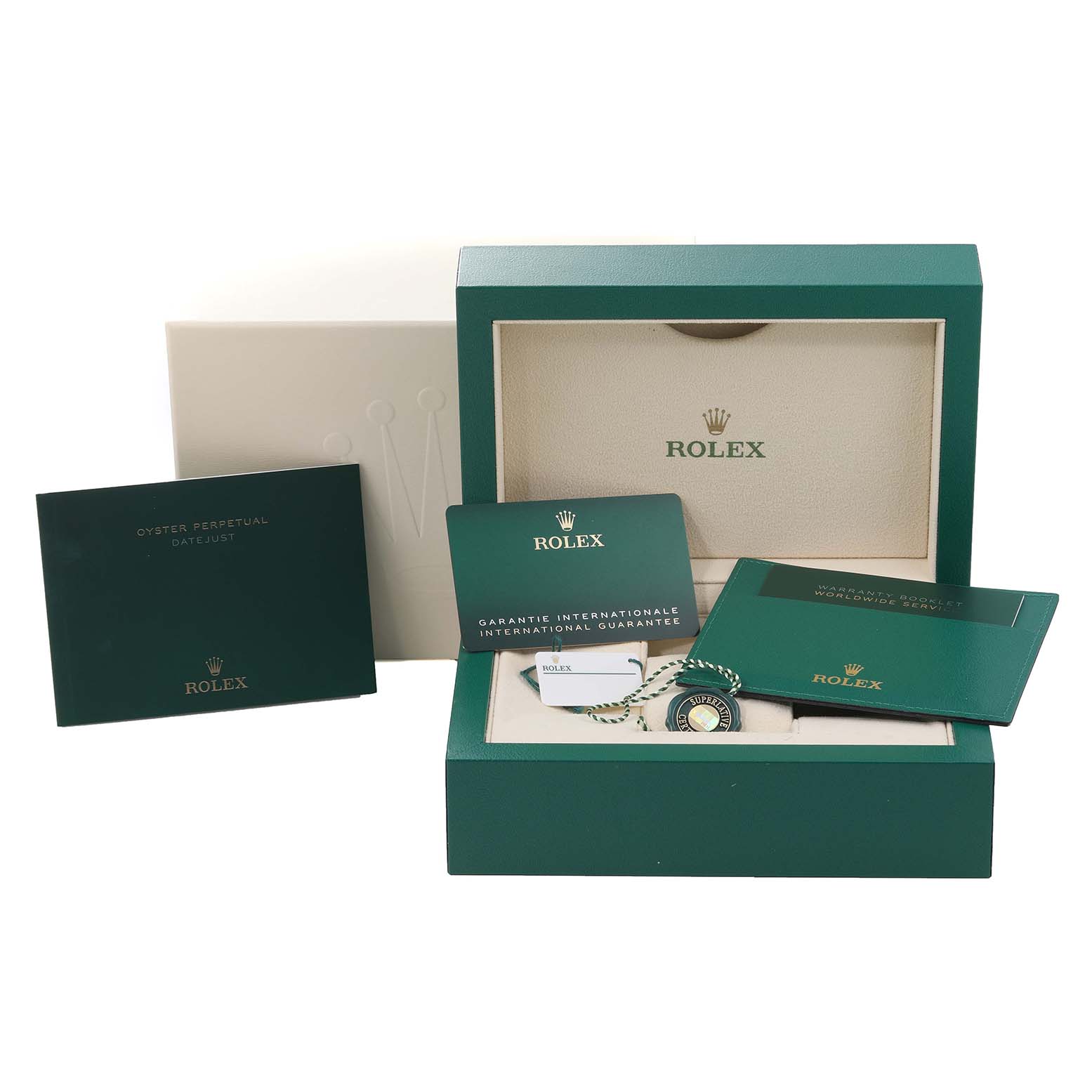 This image shows the packaging, certificates, and accessories for the Rolex Datejust 41 126333 Men's Steel and Gold (two tone) Champagne Dial 126333 Men's Steel and Gold (two tone) Champagne Dial model.