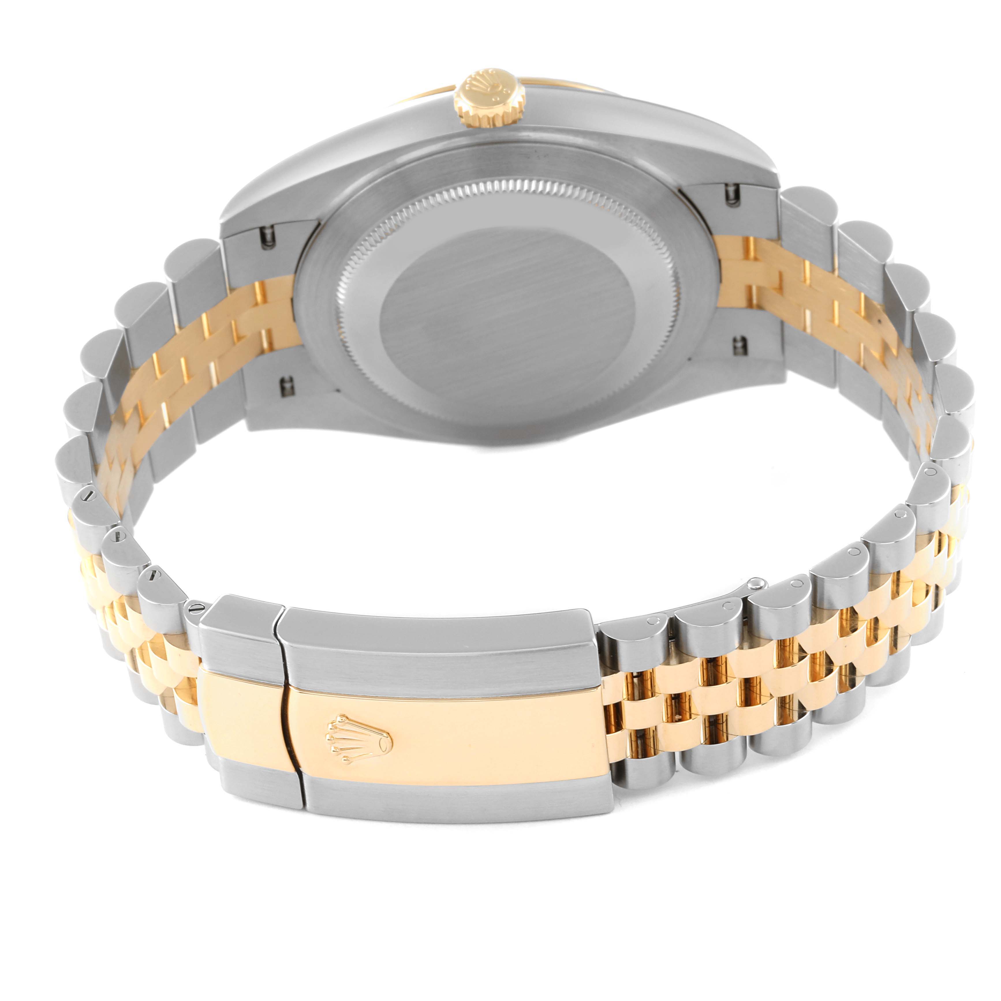 The image shows the back of a Rolex Datejust 41 126333 Men's Steel and Gold (two tone) Champagne Dial 126333 Men's Steel and Gold (two tone) Champagne Dial watch, highlighting its two-tone bracelet and clasp.
