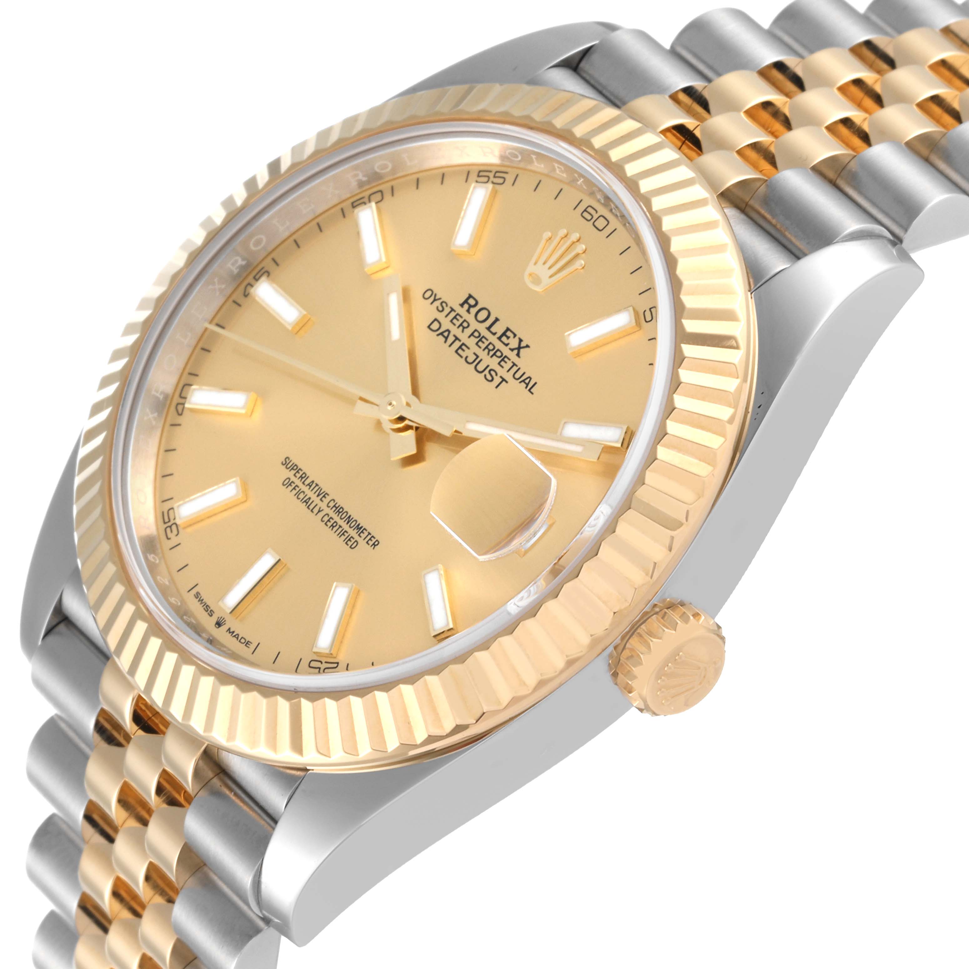 The image shows a close-up of the Rolex Datejust 41 126333 Men's Steel and Gold (two tone) Champagne Dial 126333 Men's Steel and Gold (two tone) Champagne Dial watch, highlighting its gold dial, fluted bezel, crown, and two-tone bracelet.