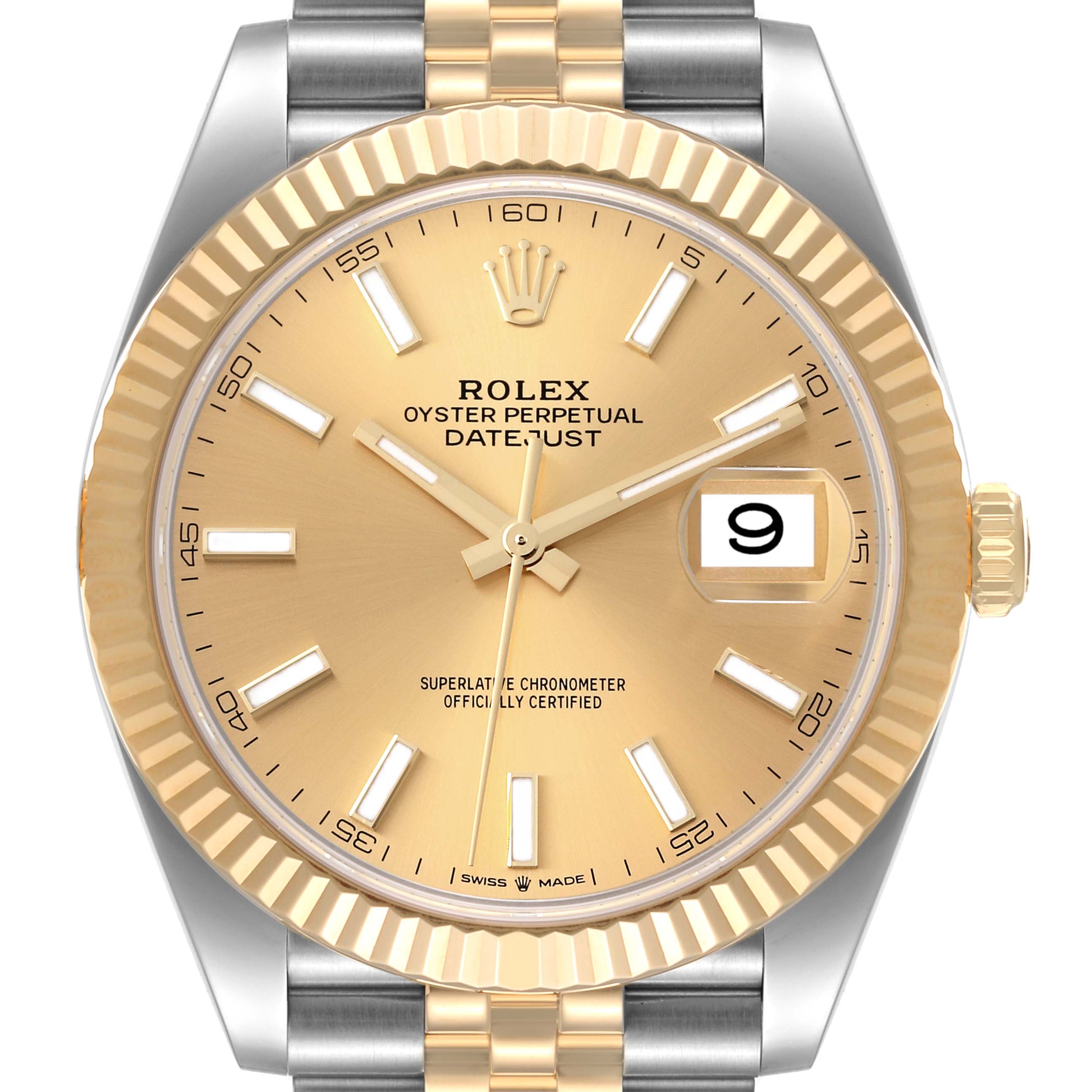 This image shows a front view of the Rolex Datejust 41 126333 Men's Steel and Gold (two tone) Champagne Dial 126333 Men's Steel and Gold (two tone) Champagne Dial watch, displaying the dial, bezel, and partial bracelet.