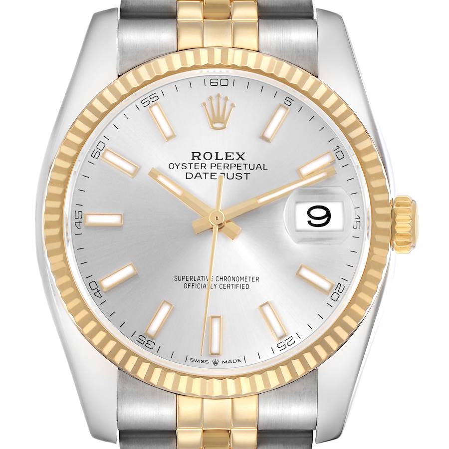 The Rolex Datejust 41 is shown from the front, displaying the dial, gold fluted bezel, and Oyster bracelet with two-tone links.