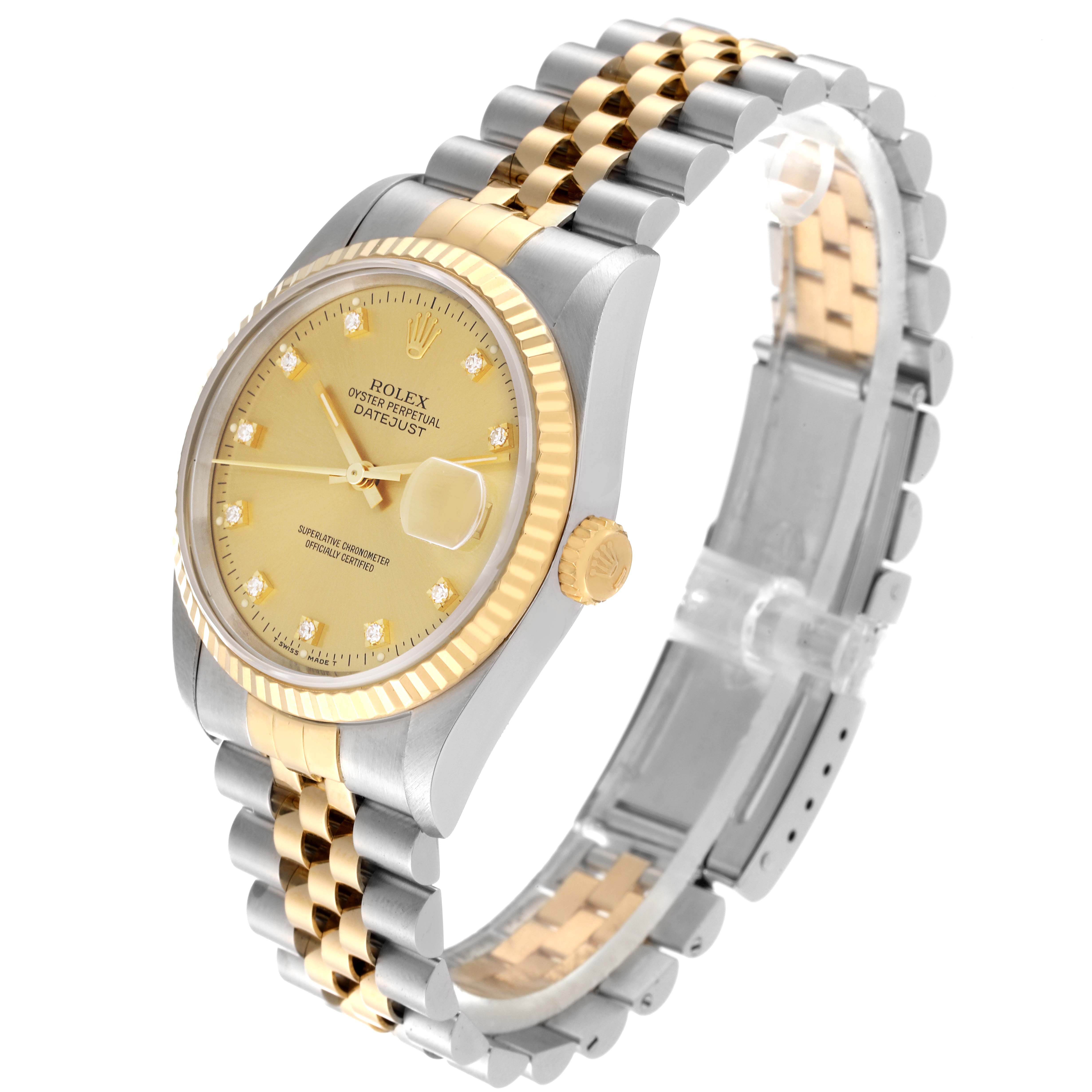The image shows a side and front angle of a Rolex Datejust 16233 Men's Steel and Gold (two tone) Champagne Dial 16233 Men's Steel and Gold (two tone) Champagne Dial watch with a gold and silver jubilee bracelet.
