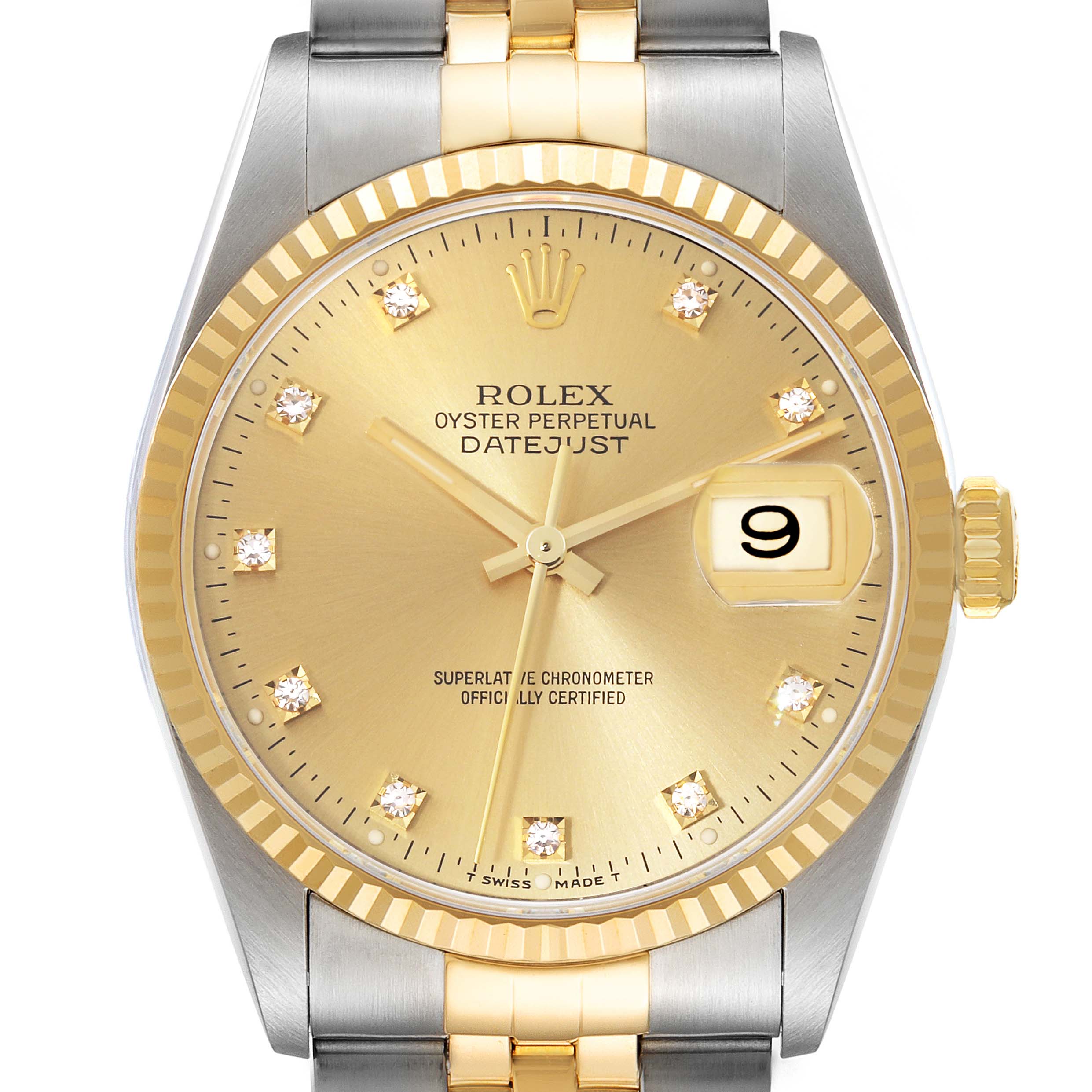The image shows a front view of a Rolex Datejust 16233 Men's Steel and Gold (two tone) Champagne Dial 16233 Men's Steel and Gold (two tone) Champagne Dial model highlighting the gold dial, diamond markers, bezel, and part of the two-tone bracelet.