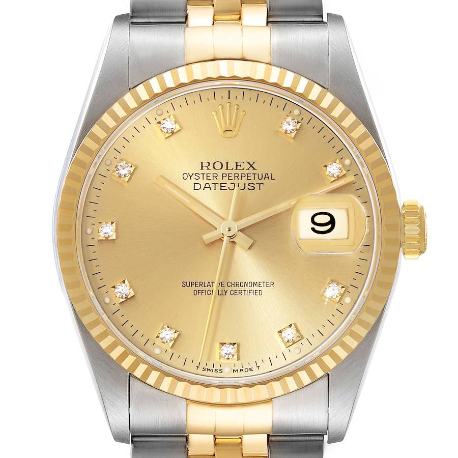 The image shows a front view of a Rolex Datejust model highlighting the gold dial, diamond markers, bezel, and part of the two-tone bracelet.