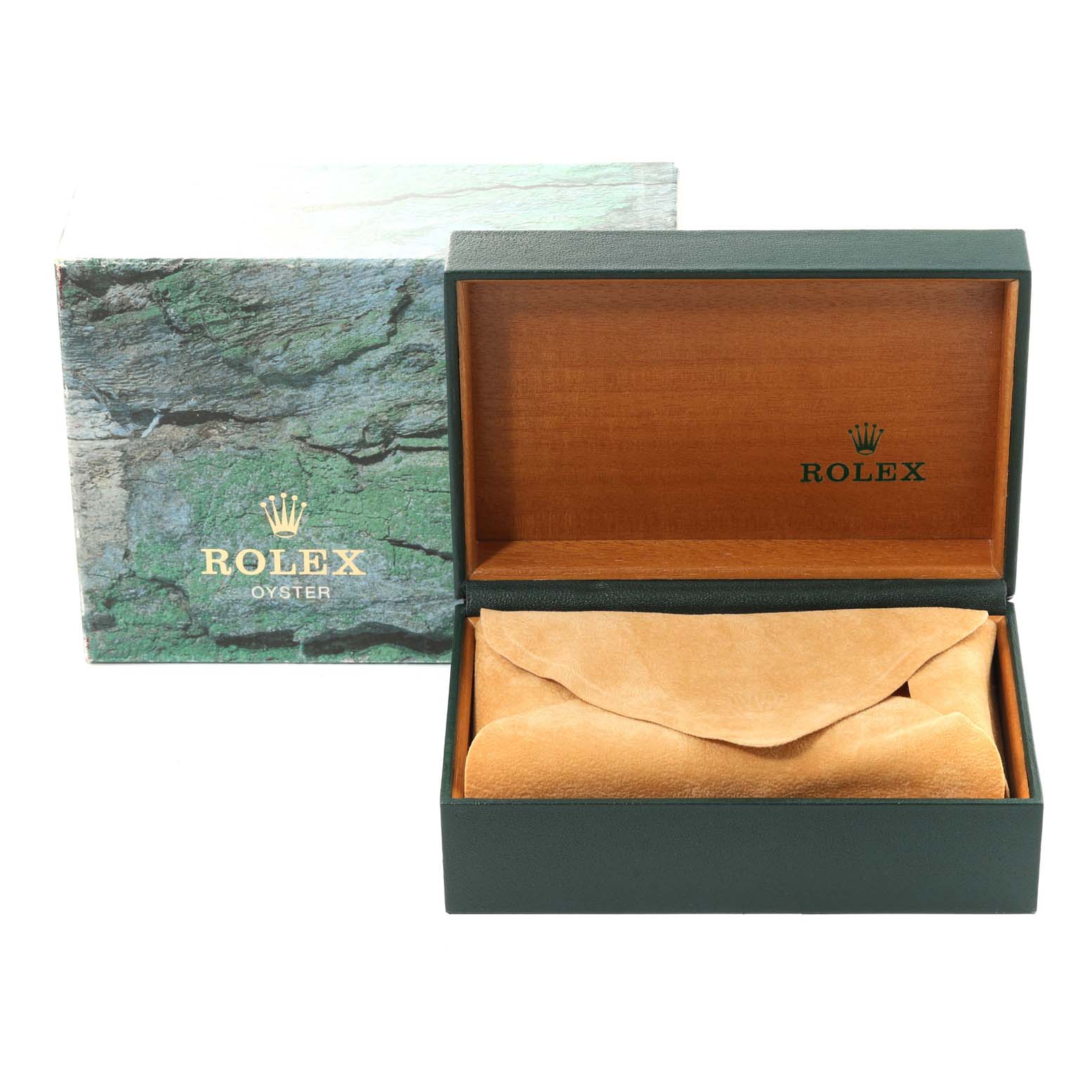 The image shows a Rolex Datejust 16233 Men's Steel and Gold (two tone) Champagne Dial 16233 Men's Steel and Gold (two tone) Champagne Dial watch box set, including the outer box, leather pouch, and inner wooden display box.