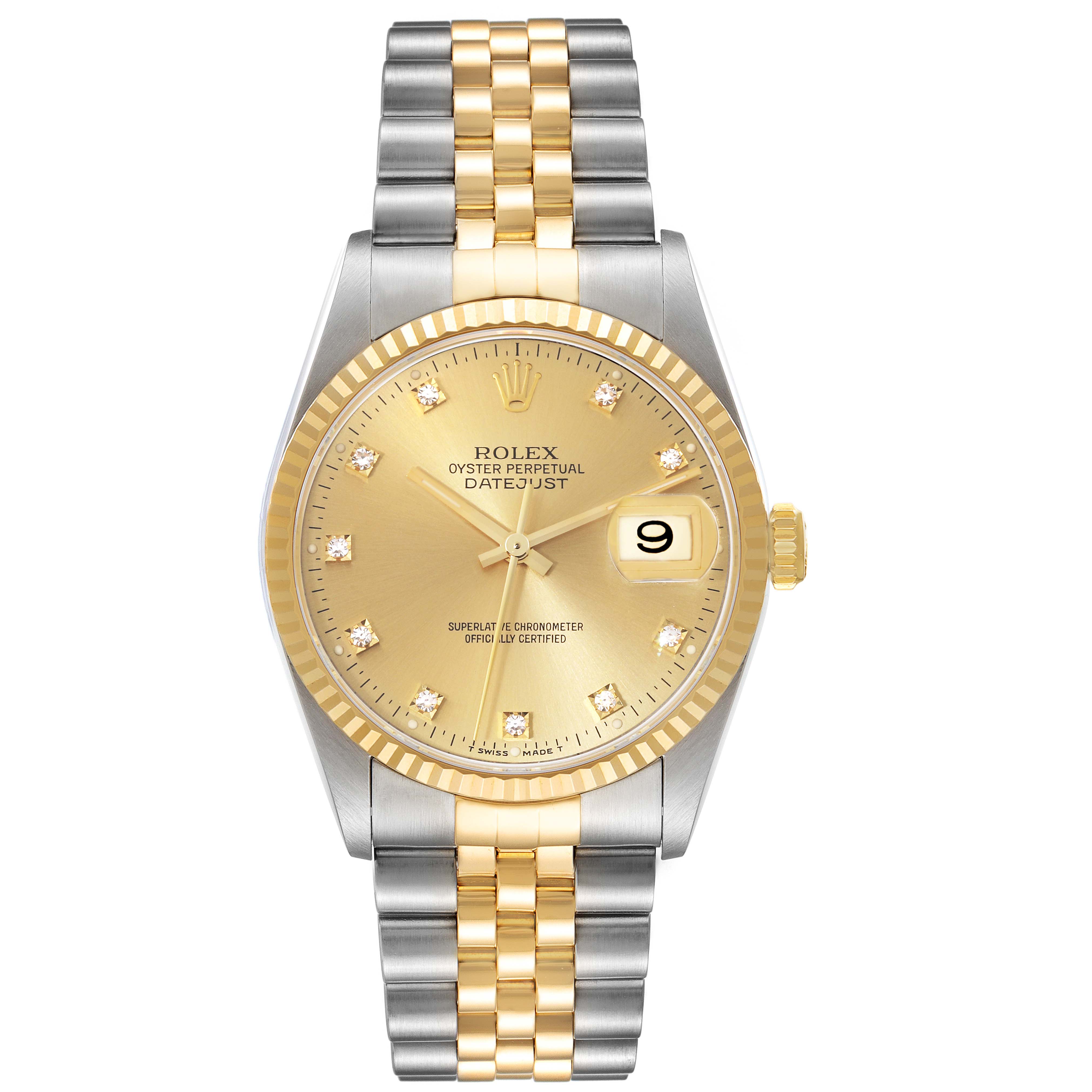 The image shows a Rolex Datejust 16233 Men's Steel and Gold (two tone) Champagne Dial 16233 Men's Steel and Gold (two tone) Champagne Dial watch from a front angle, highlighting its dial, date window, and two-tone bracelet.