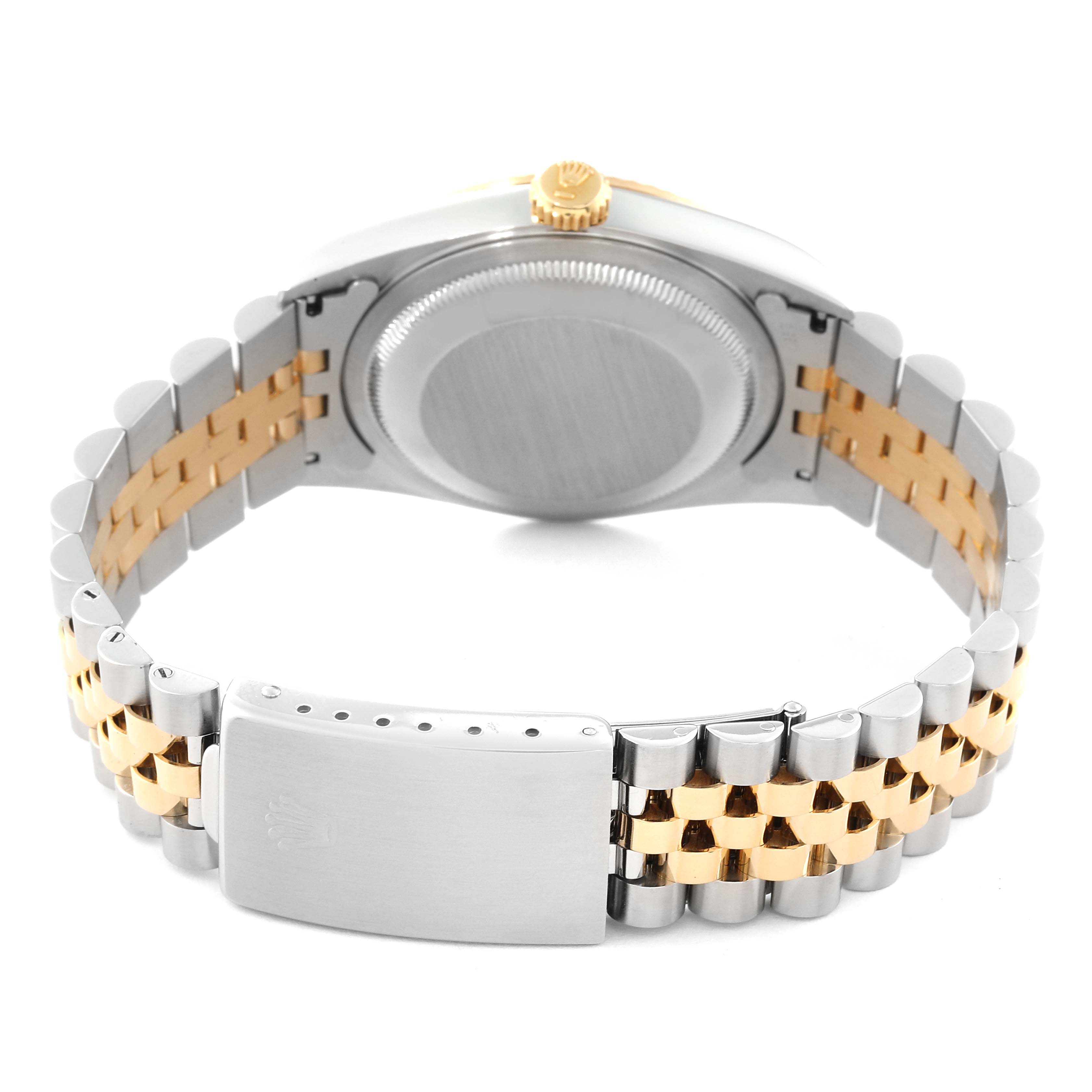 The image shows the back view of a Rolex Datejust 16233 Men's Steel and Gold (two tone) Champagne Dial 16233 Men's Steel and Gold (two tone) Champagne Dial watch, focusing on its case back, crown, and two-tone Jubilee bracelet with clasp.