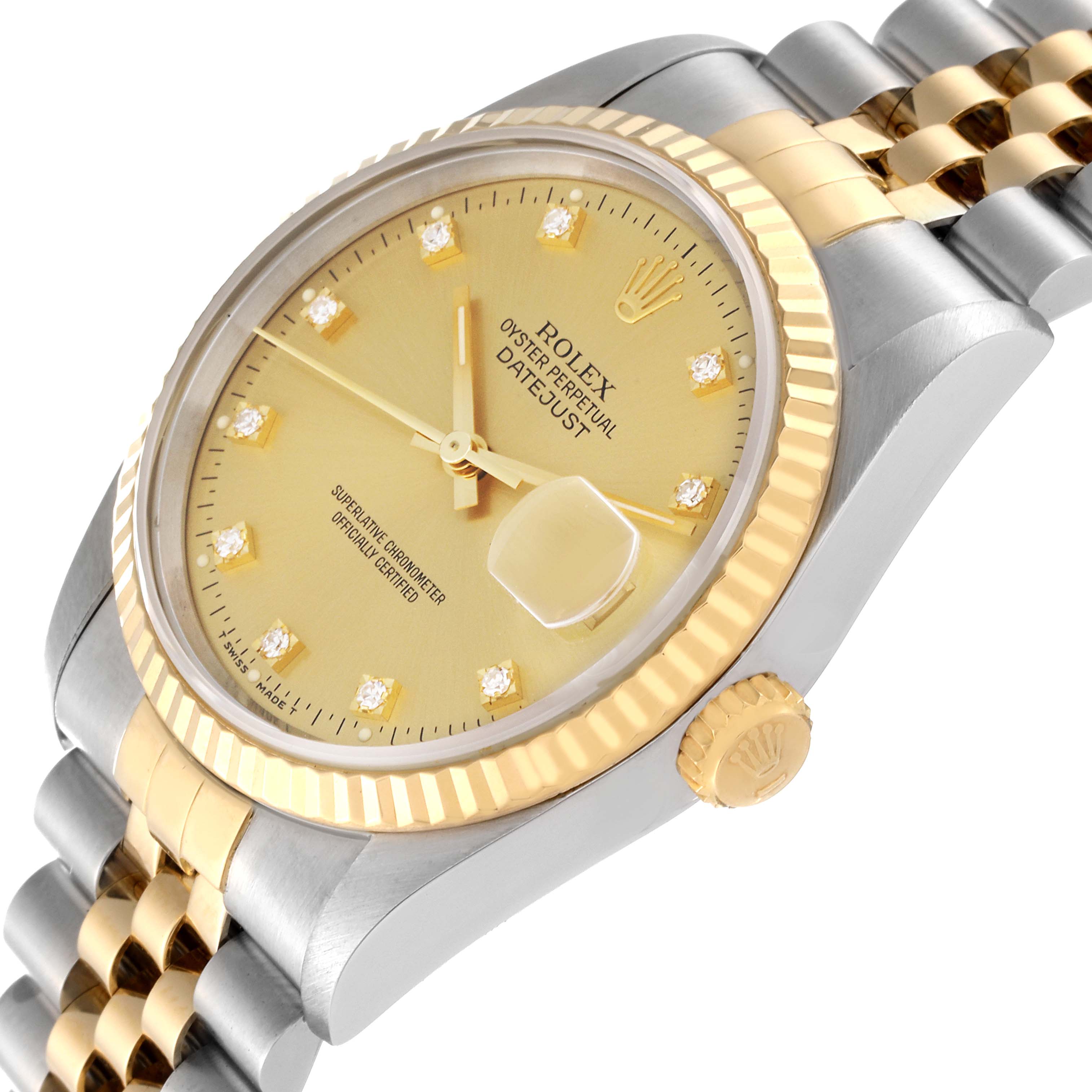 The image shows a close-up side angle of a Rolex Datejust 16233 Men's Steel and Gold (two tone) Champagne Dial 16233 Men's Steel and Gold (two tone) Champagne Dial watch, highlighting its champagne dial, fluted bezel, and two-tone bracelet.