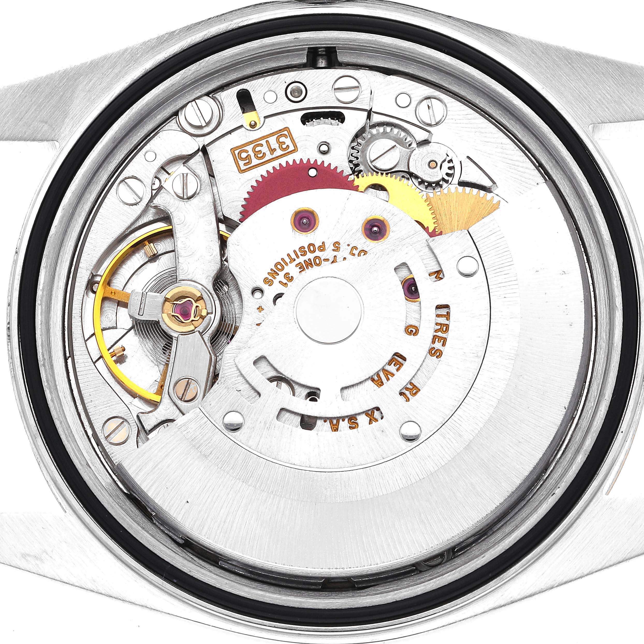 This image shows a close-up view of the inner mechanical movement components of a Rolex Datejust 16233 Men's Steel and Gold (two tone) Champagne Dial 16233 Men's Steel and Gold (two tone) Champagne Dial watch.