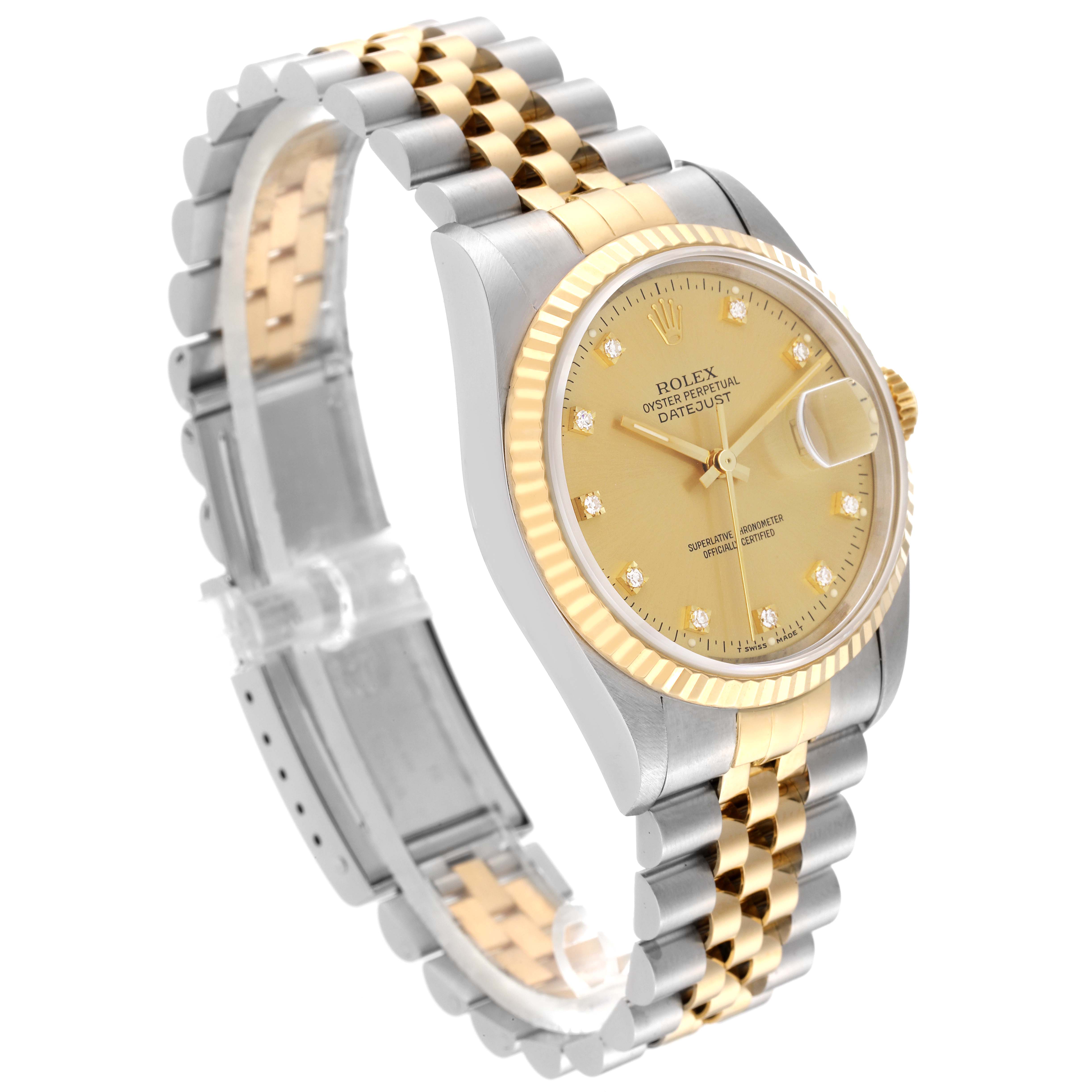 The Rolex Datejust 16233 Men's Steel and Gold (two tone) Champagne Dial 16233 Men's Steel and Gold (two tone) Champagne Dial watch is shown at a three-quarter angle, highlighting its two-tone bracelet, dial, and fluted bezel.