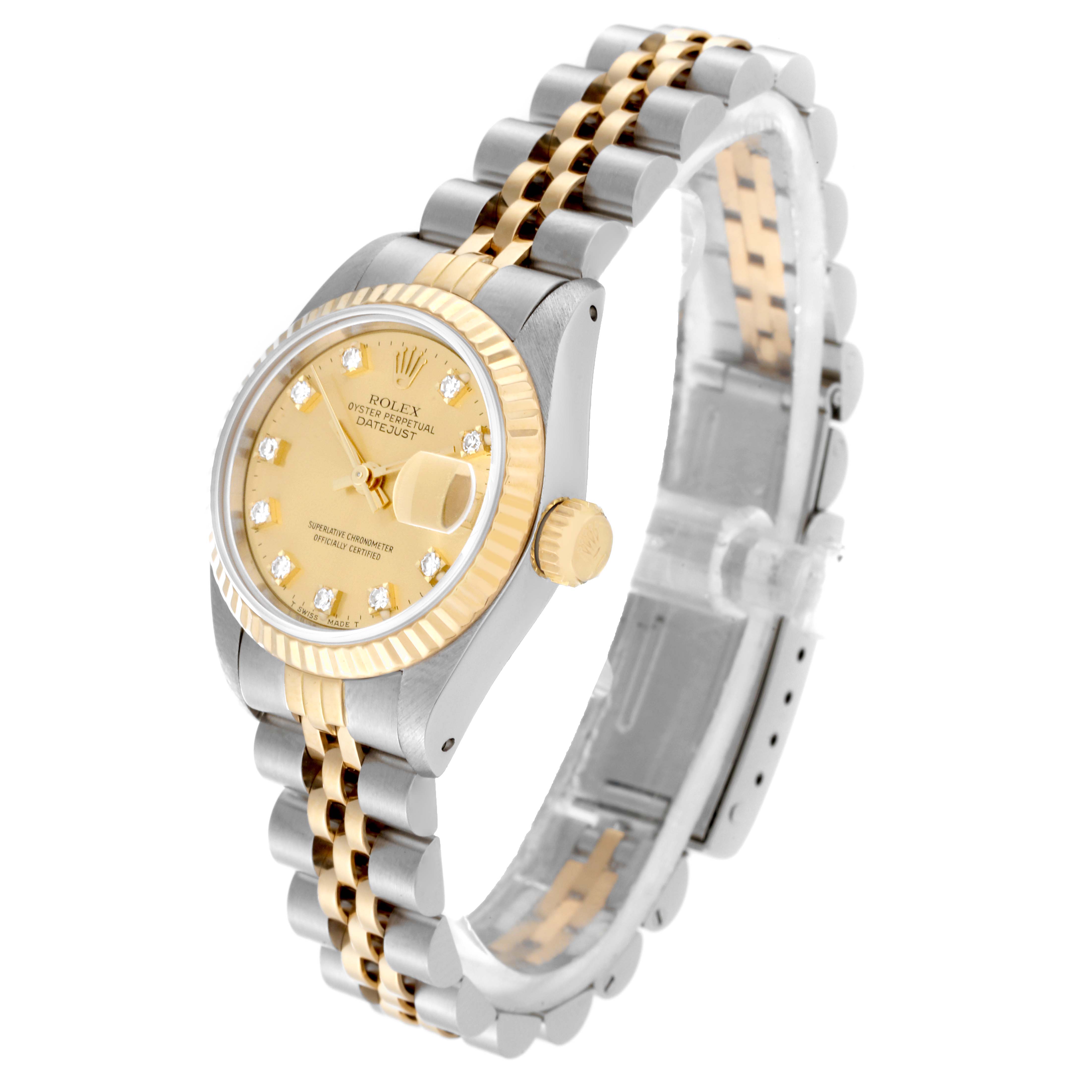 This image shows a Rolex Datejust 69173 Women's Steel and Gold (two tone) Champagne Dial 69173 Women's Steel and Gold (two tone) Champagne Dial watch at a three-quarter angle, highlighting its gold and silver bracelet and diamond-accented dial.