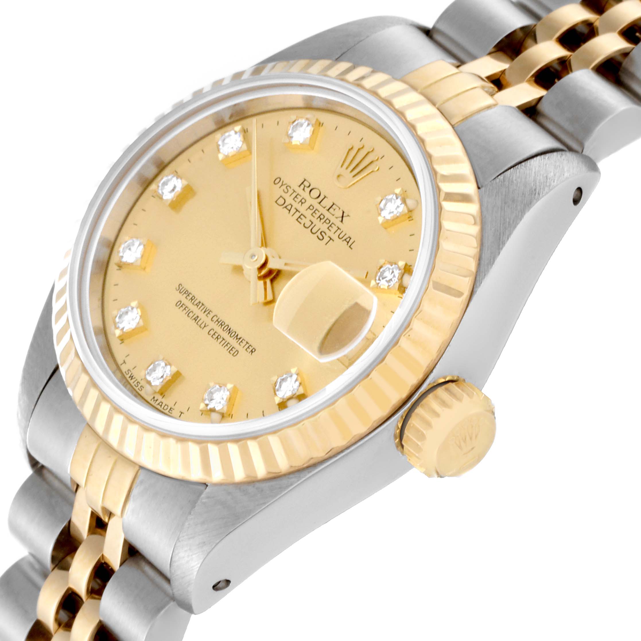 This image shows a close-up angle of the Rolex Datejust 69173 Women's Steel and Gold (two tone) Champagne Dial 69173 Women's Steel and Gold (two tone) Champagne Dial watch, detailing its gold dial, fluted bezel, crown, and two-tone bracelet.