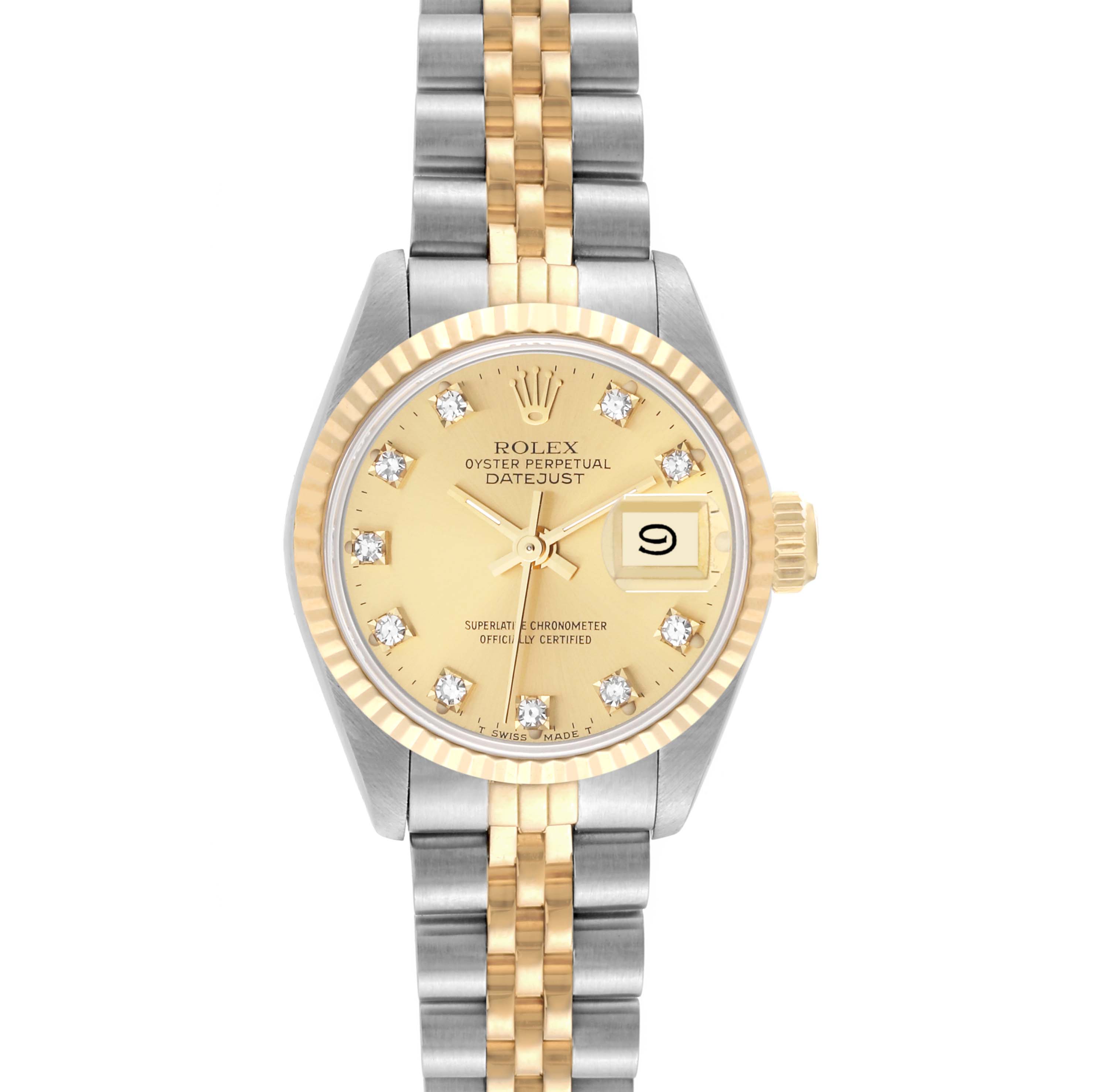 This image shows a front view of the Rolex Datejust 69173 Women's Steel and Gold (two tone) Champagne Dial 69173 Women's Steel and Gold (two tone) Champagne Dial watch, highlighting its dial, bezel, bracelet, and date display.