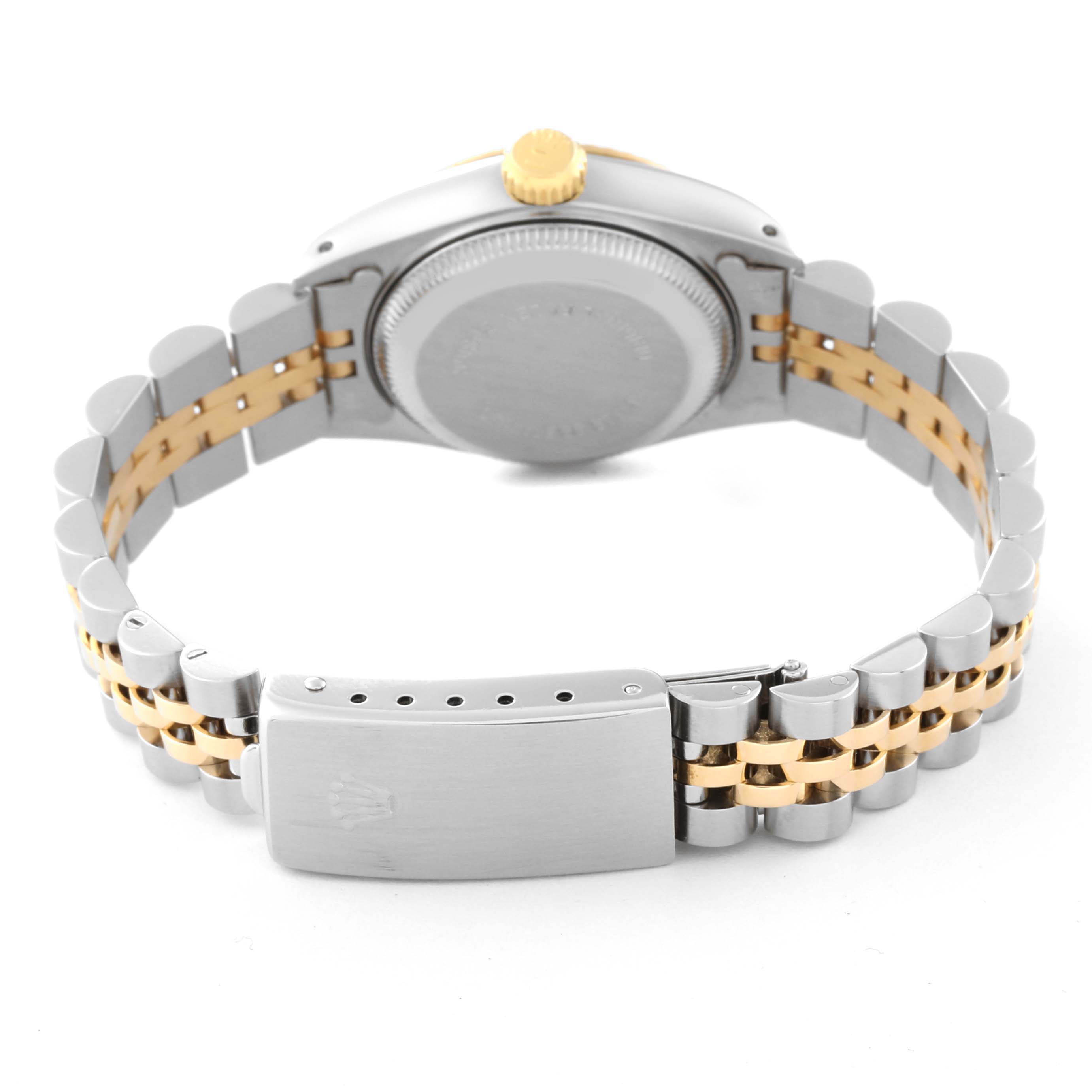 The image shows the back of a Rolex Datejust 69173 Women's Steel and Gold (two tone) Champagne Dial 69173 Women's Steel and Gold (two tone) Champagne Dial watch, highlighting the case back and two-tone Jubilee bracelet with a closed clasp.