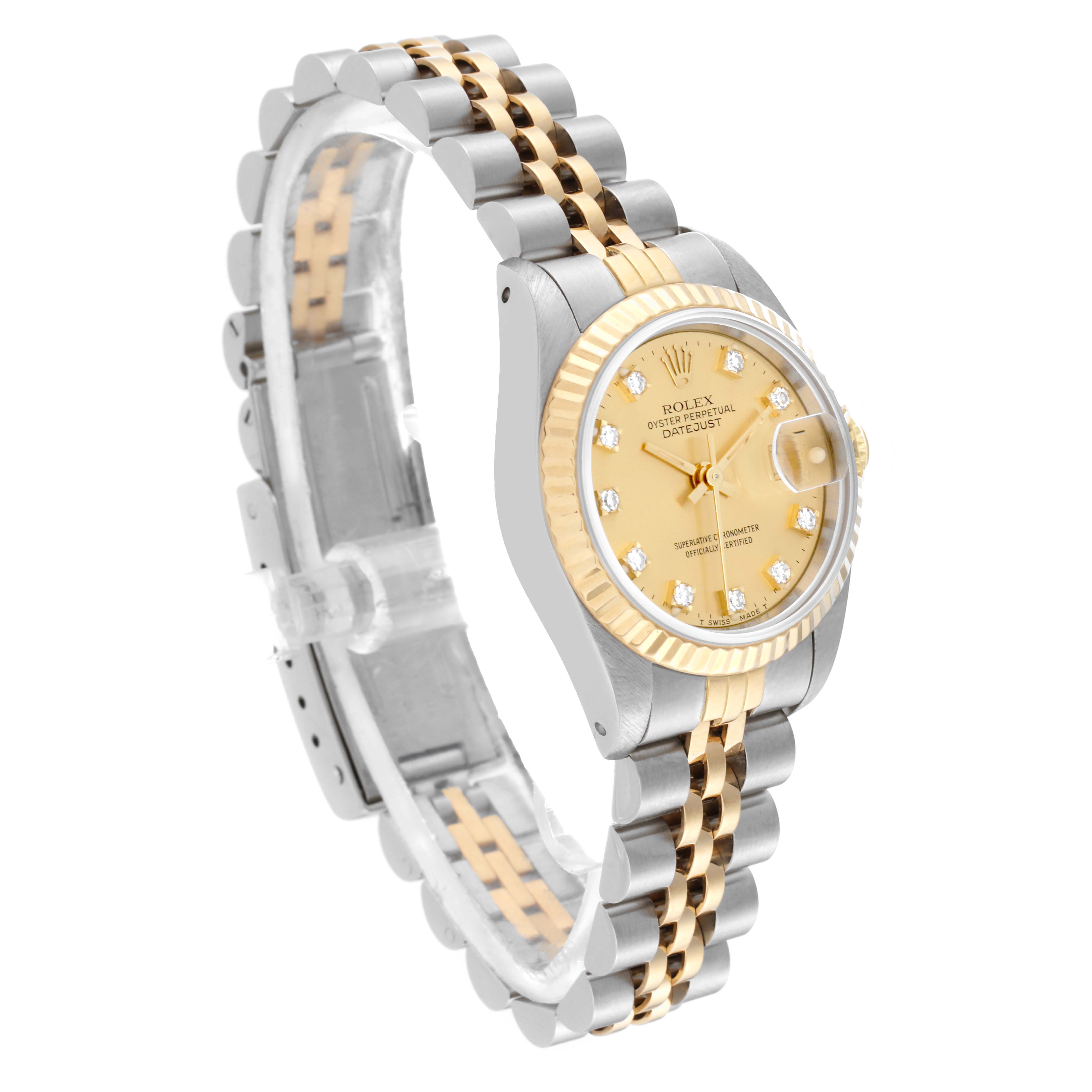 The Rolex Datejust 69173 Women's Steel and Gold (two tone) Champagne Dial 69173 Women's Steel and Gold (two tone) Champagne Dial watch is shown from an angled front-side view, highlighting the dial, bezel, and bracelet.