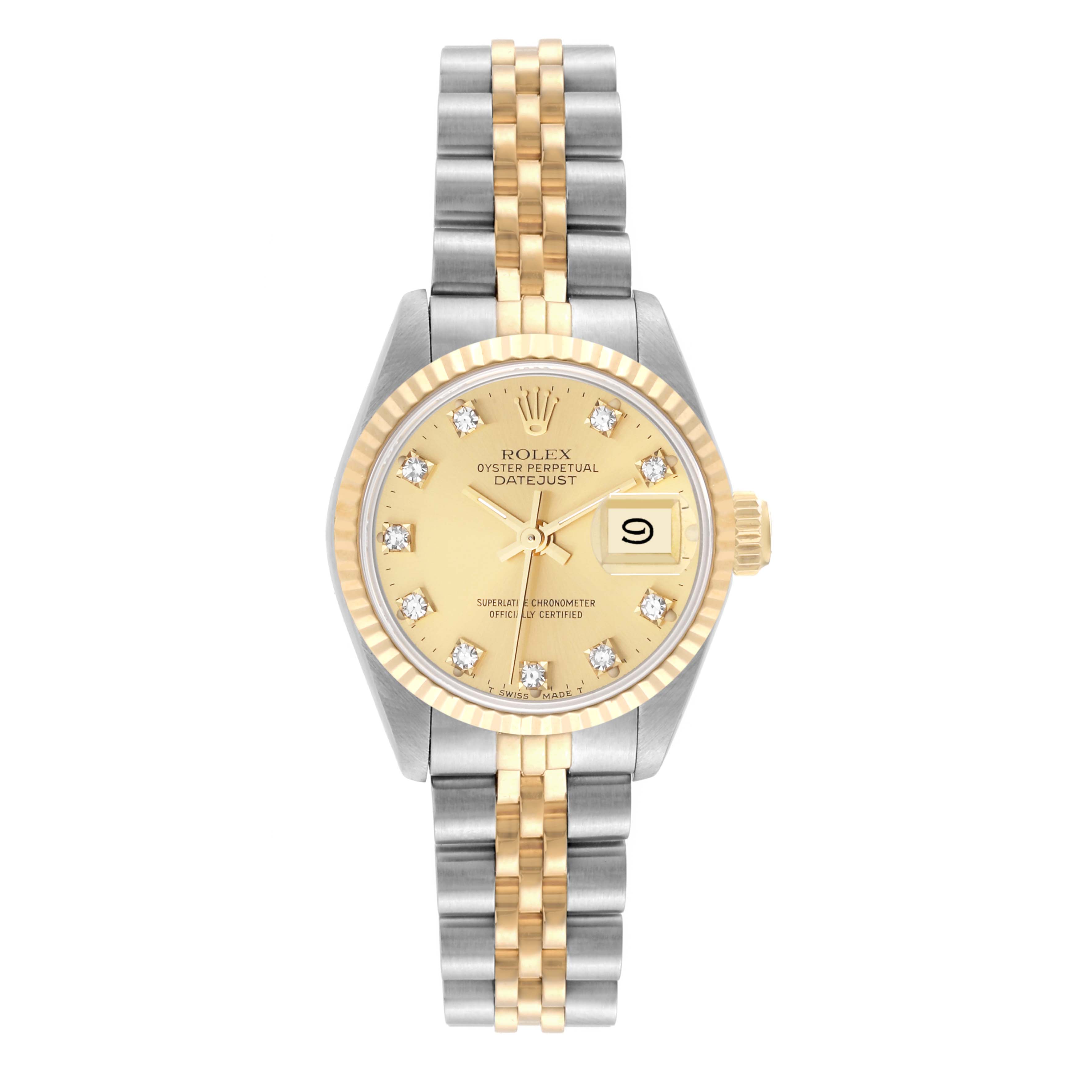 The image shows a Rolex Datejust 69173 Women's Steel and Gold (two tone) Champagne Dial 69173 Women's Steel and Gold (two tone) Champagne Dial watch from a top-down angle, highlighting its gold dial, diamond markers, and two-tone bracelet.