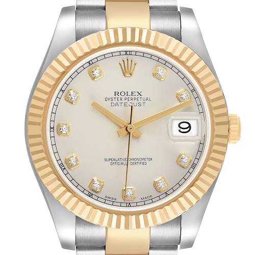 The Rolex Datejust 41 116333 Men's Steel and Gold (two tone) Silver Dial is shown from a front angle, highlighting the dial, bezel, and part of the bracelet.