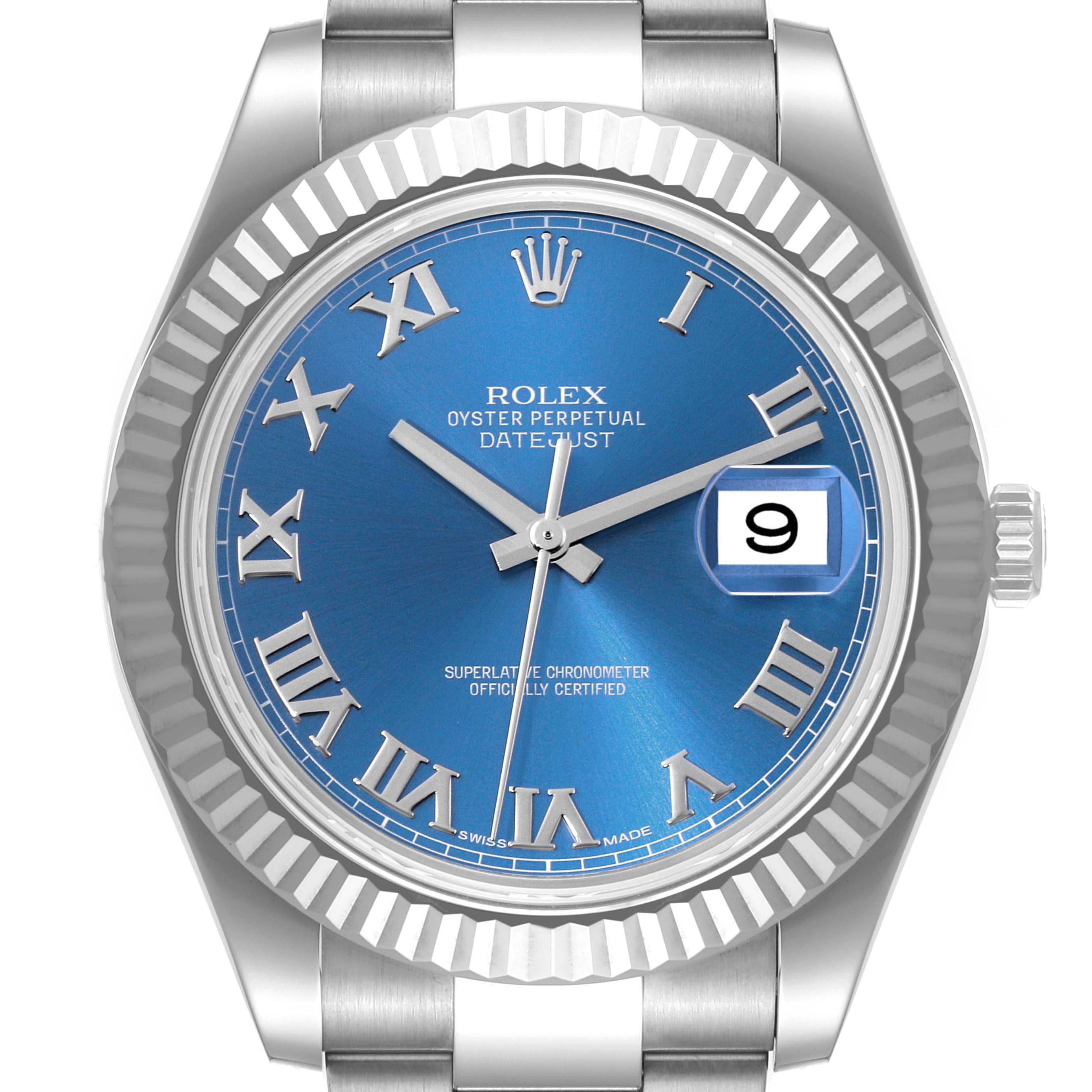 The Rolex Datejust 41 116334 Men's Stainless Steel Blue Dial 116334 Men's Stainless Steel Blue Dial watch is shown from a front-facing angle, highlighting its blue dial, roman numerals, and date window.