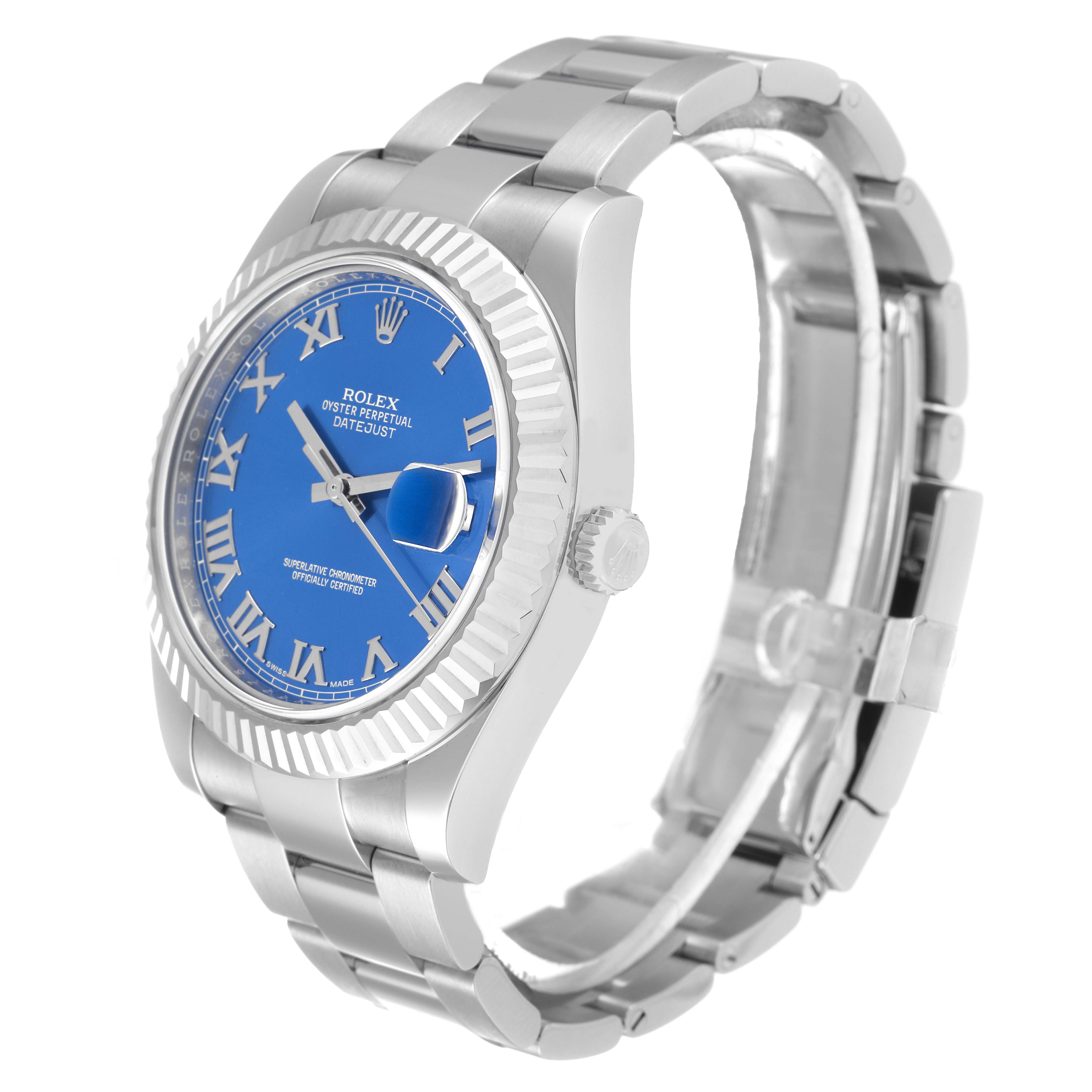 The image shows a side angle of the Rolex Datejust 41 116334 Men's Stainless Steel Blue Dial 116334 Men's Stainless Steel Blue Dial watch, highlighting its blue dial, fluted bezel, and stainless steel bracelet.