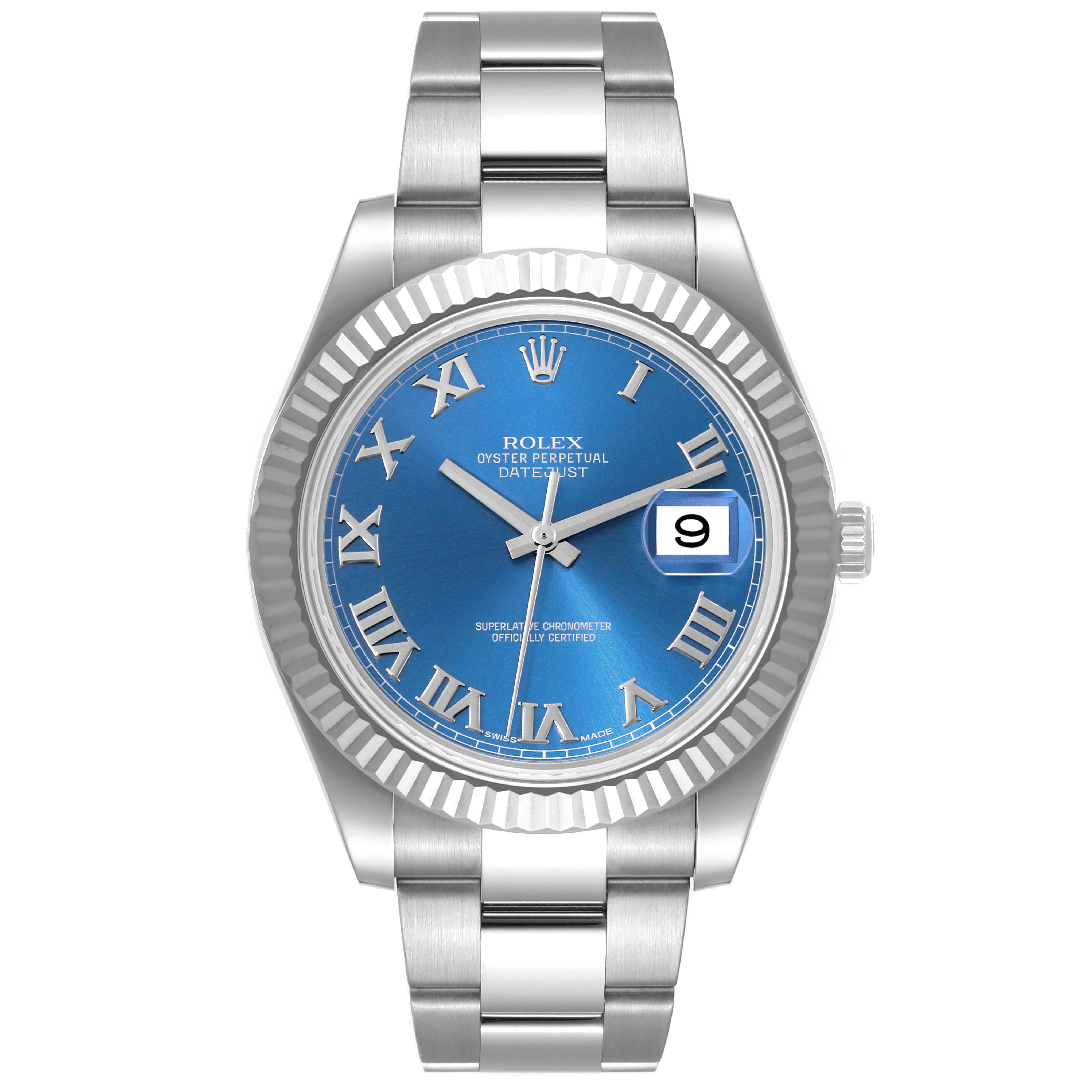The image shows a front view of a Rolex Datejust 41 116334 Men's Stainless Steel Blue Dial 116334 Men's Stainless Steel Blue Dial watch featuring a blue dial with Roman numerals and a date window.