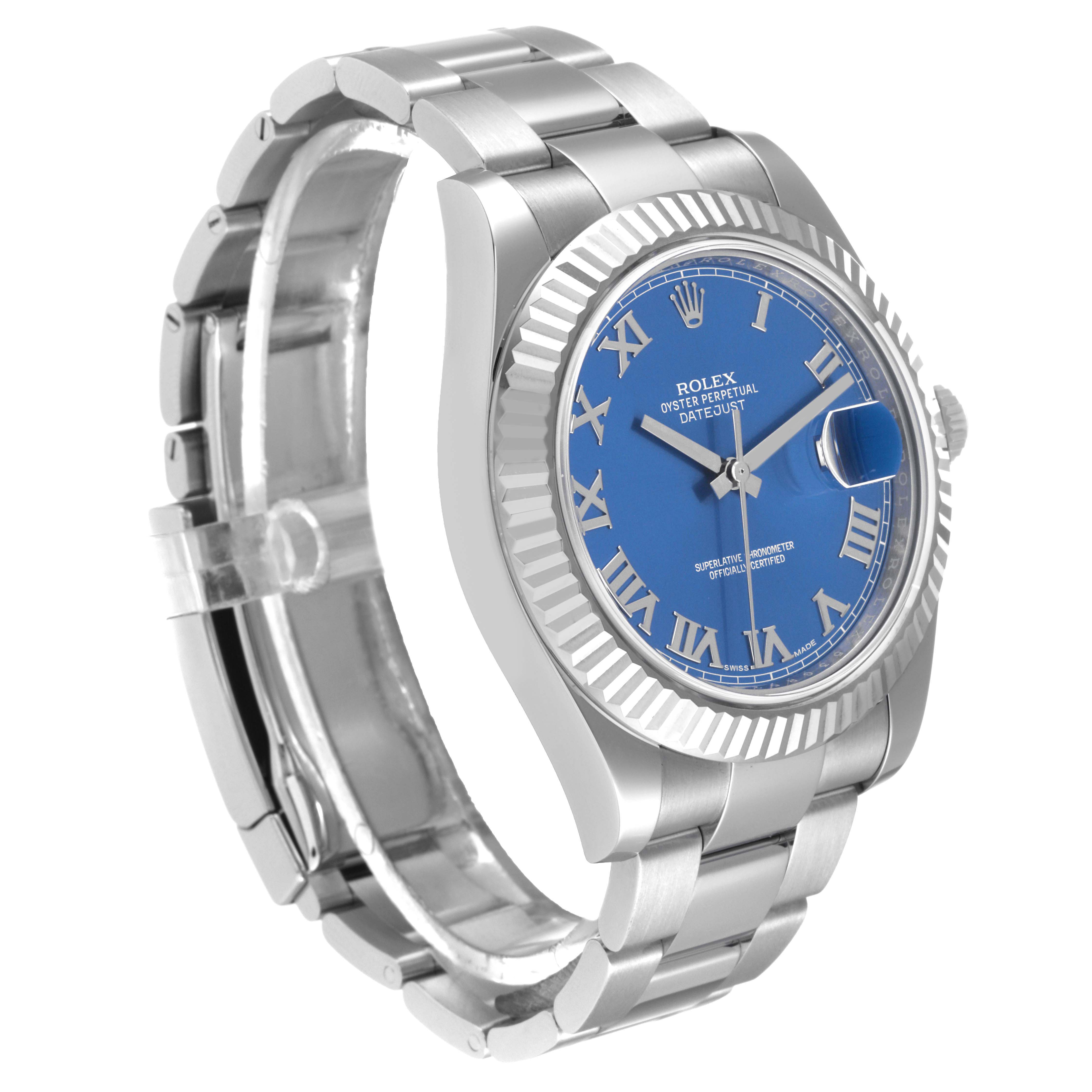 The Rolex Datejust 41 116334 Men's Stainless Steel Blue Dial 116334 Men's Stainless Steel Blue Dial watch is shown from a three-quarter angle highlighting the blue dial, fluted bezel, and the bracelet.