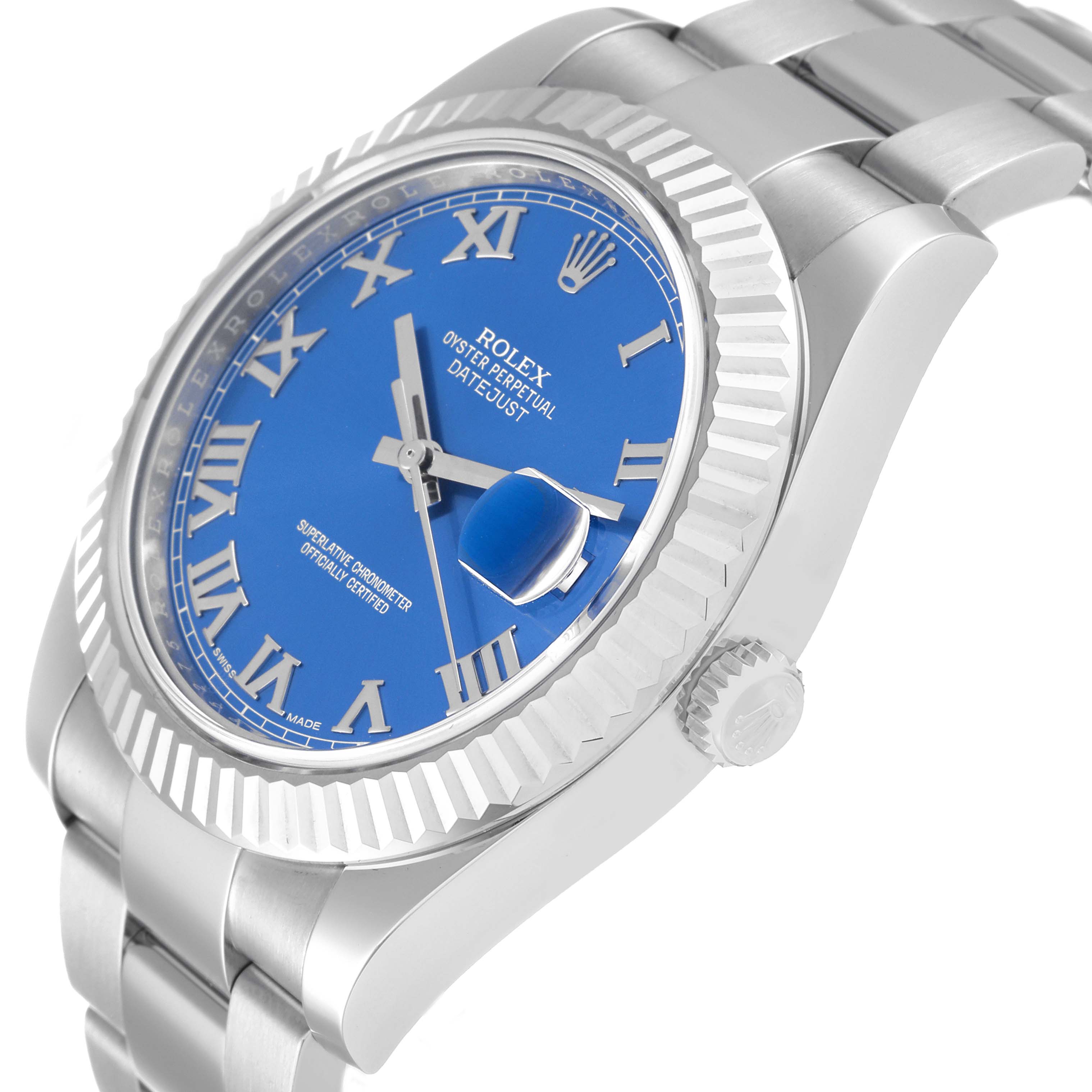 This image shows a side angle of the Rolex Datejust 41 116334 Men's Stainless Steel Blue Dial 116334 Men's Stainless Steel Blue Dial watch, highlighting the blue dial, fluted bezel, and Oyster bracelet.