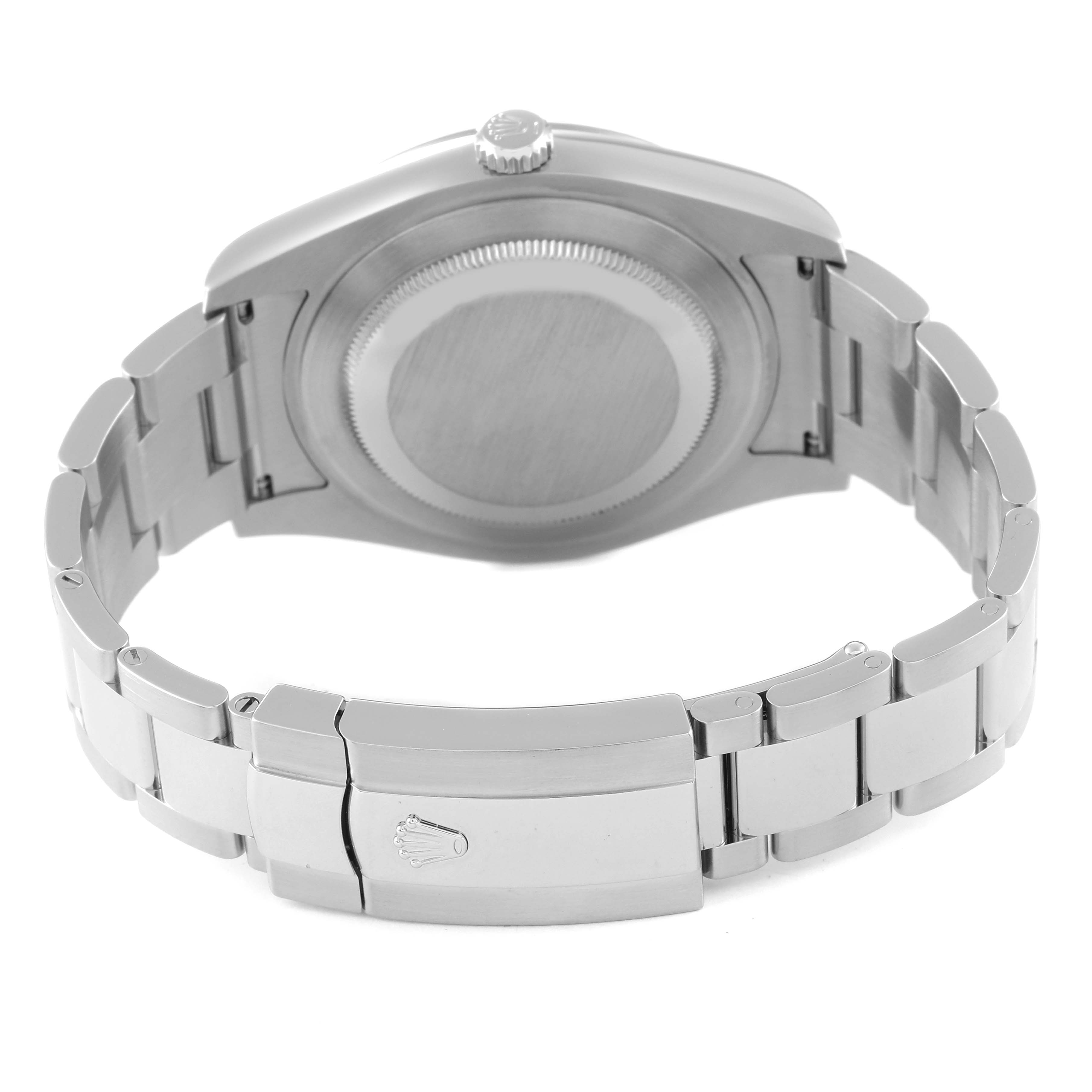 The image shows the back view of a Rolex Datejust 41 116334 Men's Stainless Steel Blue Dial 116334 Men's Stainless Steel Blue Dial model, including its stainless steel case back and bracelet with a clasp.