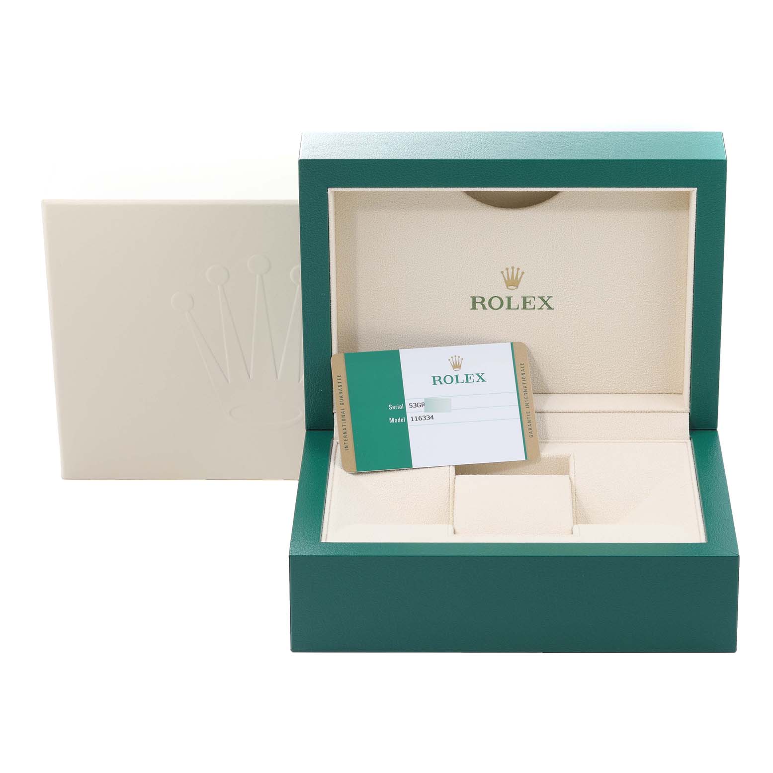 The image shows a Rolex Datejust 41 116334 Men's Stainless Steel Blue Dial 116334 Men's Stainless Steel Blue Dial model's empty green and cream box with its warranty card inside.