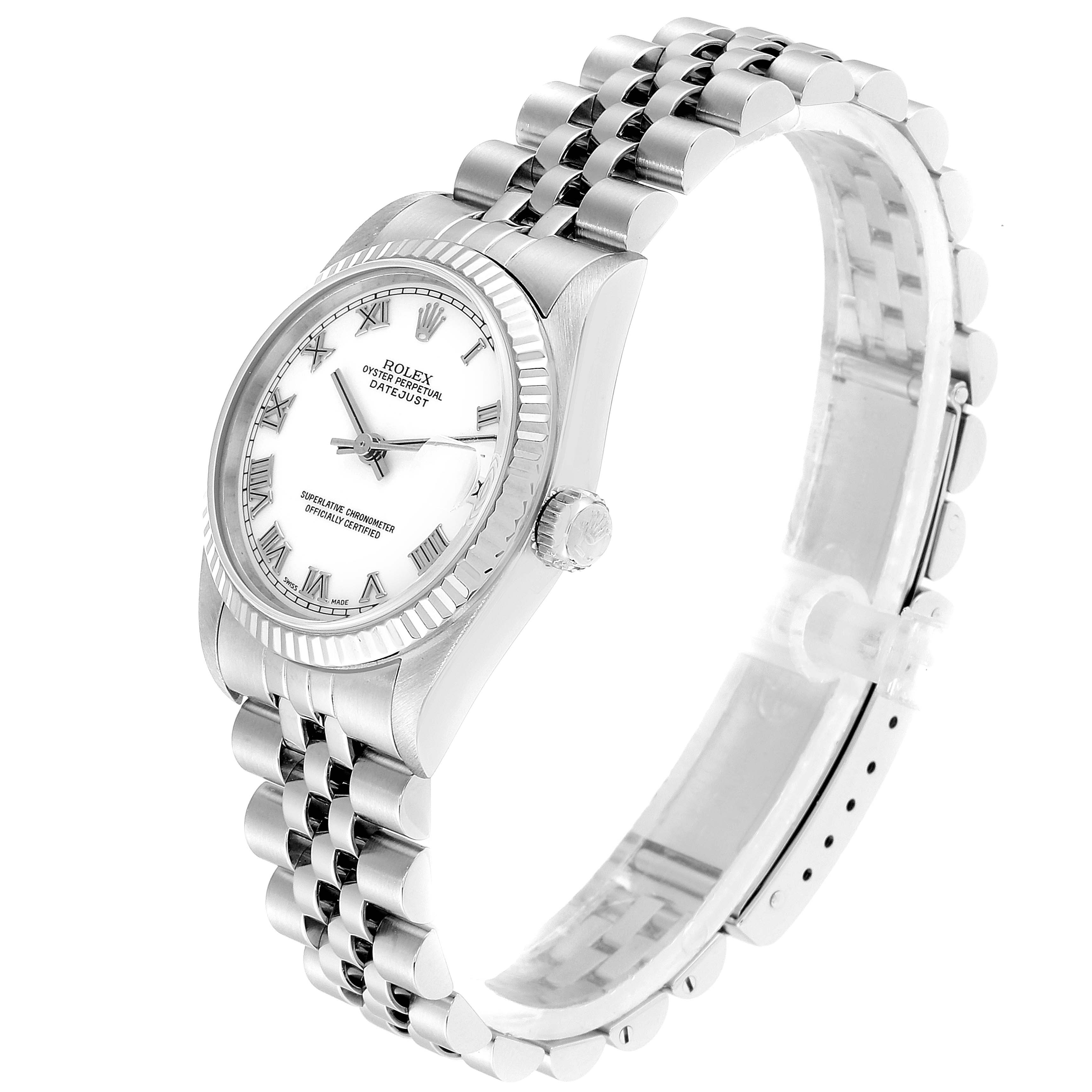 The image shows a side view of a Rolex Datejust Mid-Size watch displaying the bracelet, bezel, dial, and crown.