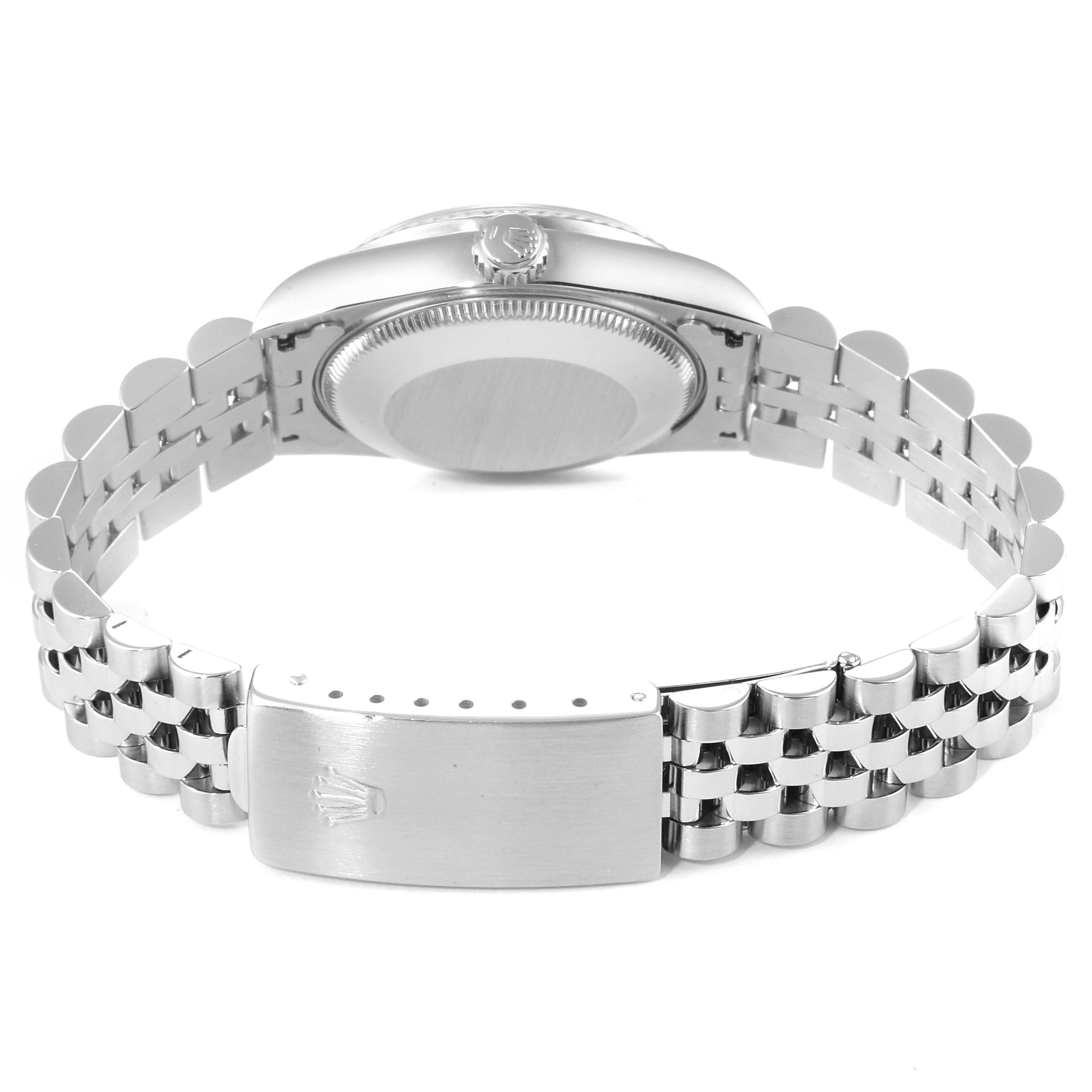 This image shows the case back, bracelet, and clasp of a Rolex Mid-Size 68274 Women
s Stainless Steel White Dial 68274 Women
s Stainless Steel White Dial watch from a rear angle.