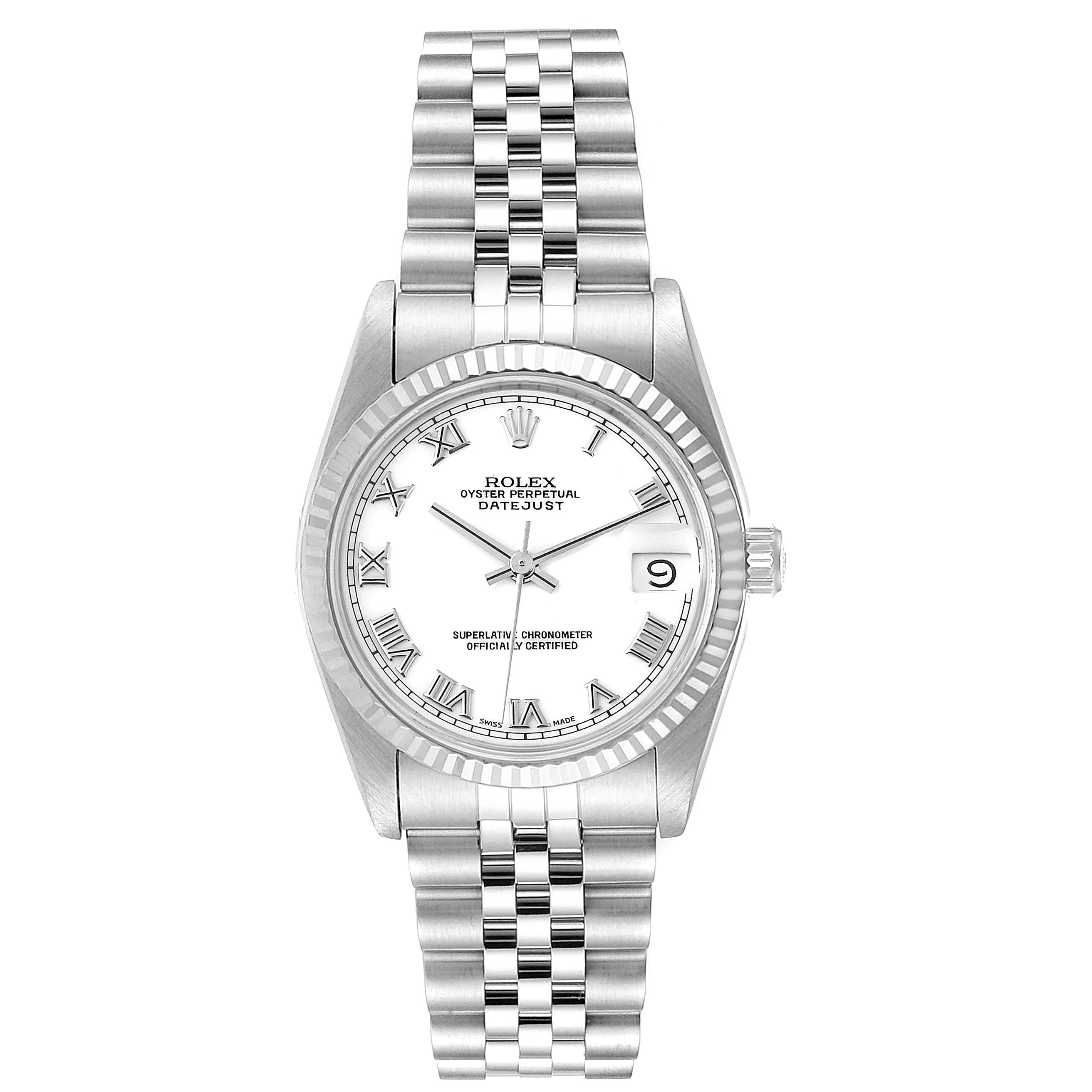 The Rolex Mid-Size 68274 Women
s Stainless Steel White Dial 68274 Women
s Stainless Steel White Dial watch is shown from the front, displaying the dial, fluted bezel, and Jubilee bracelet.